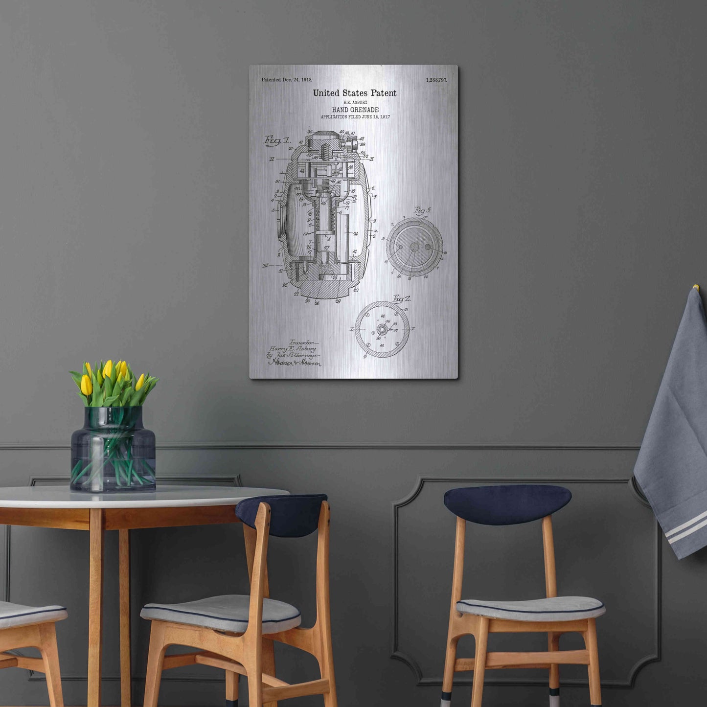 Luxe Metal Art 'Hand Grenade Blueprint Patent White' Acrylic Glass Wall Art,24x36