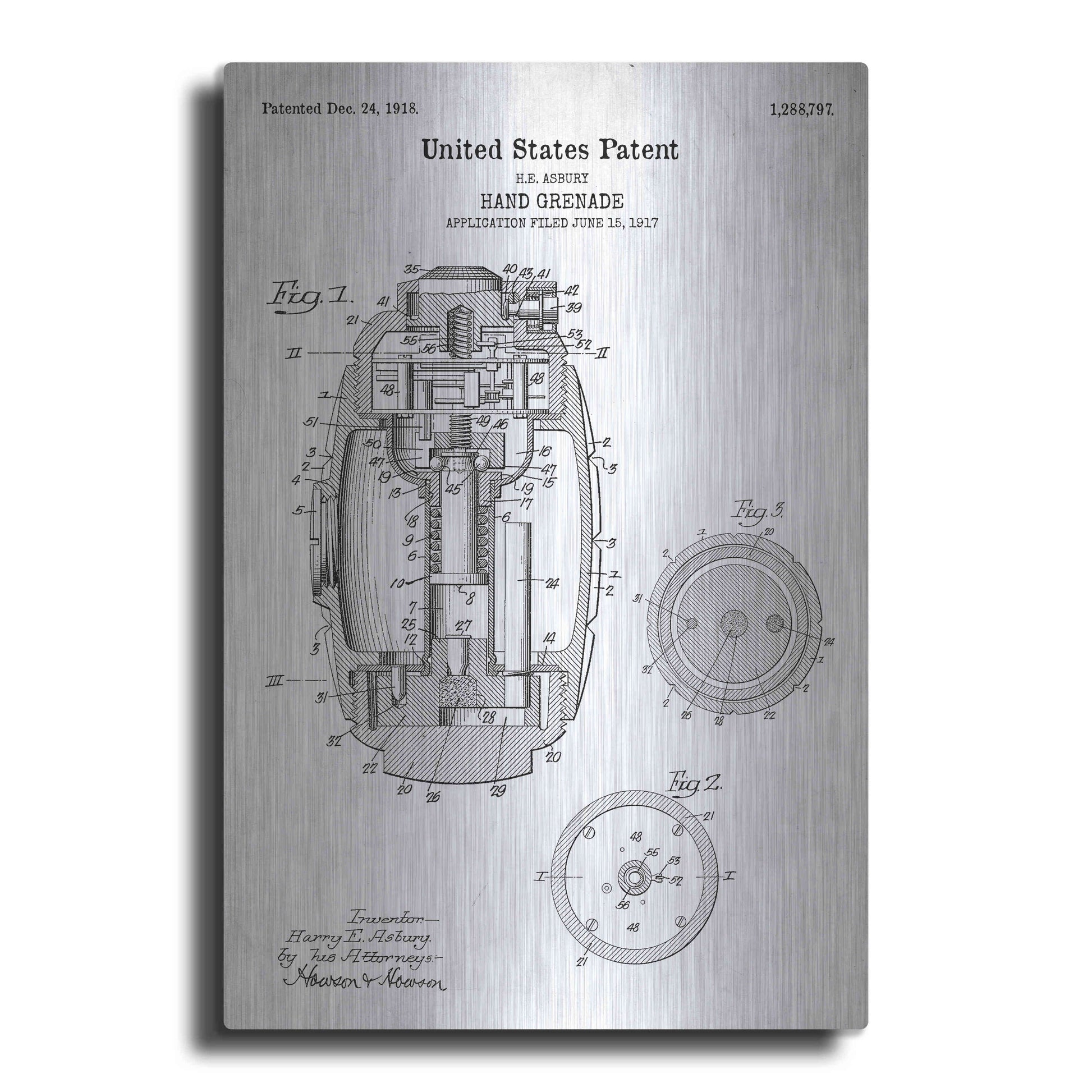 Luxe Metal Art 'Hand Grenade Blueprint Patent White' Acrylic Glass Wall Art