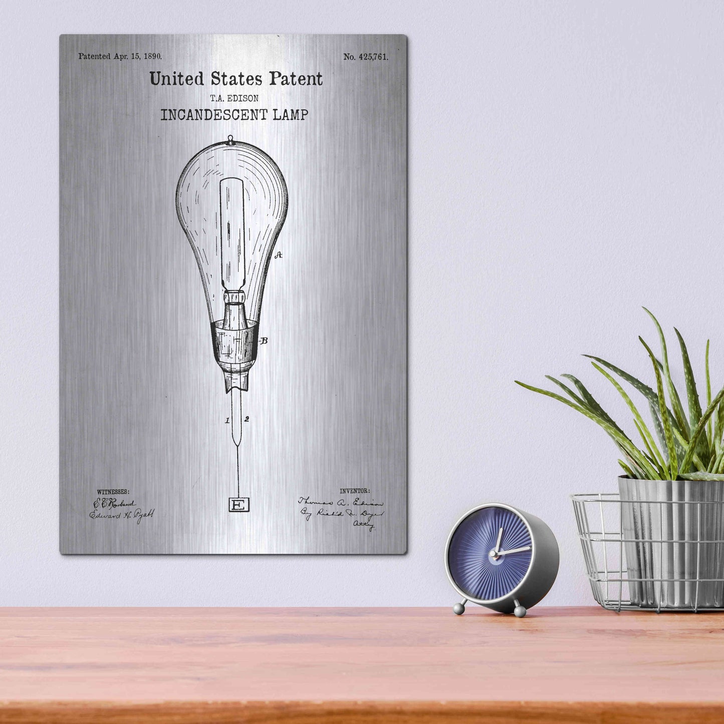 Luxe Metal Art 'Incandescent Lamp Blueprint Patent White' Acrylic Glass Wall Art,12x16