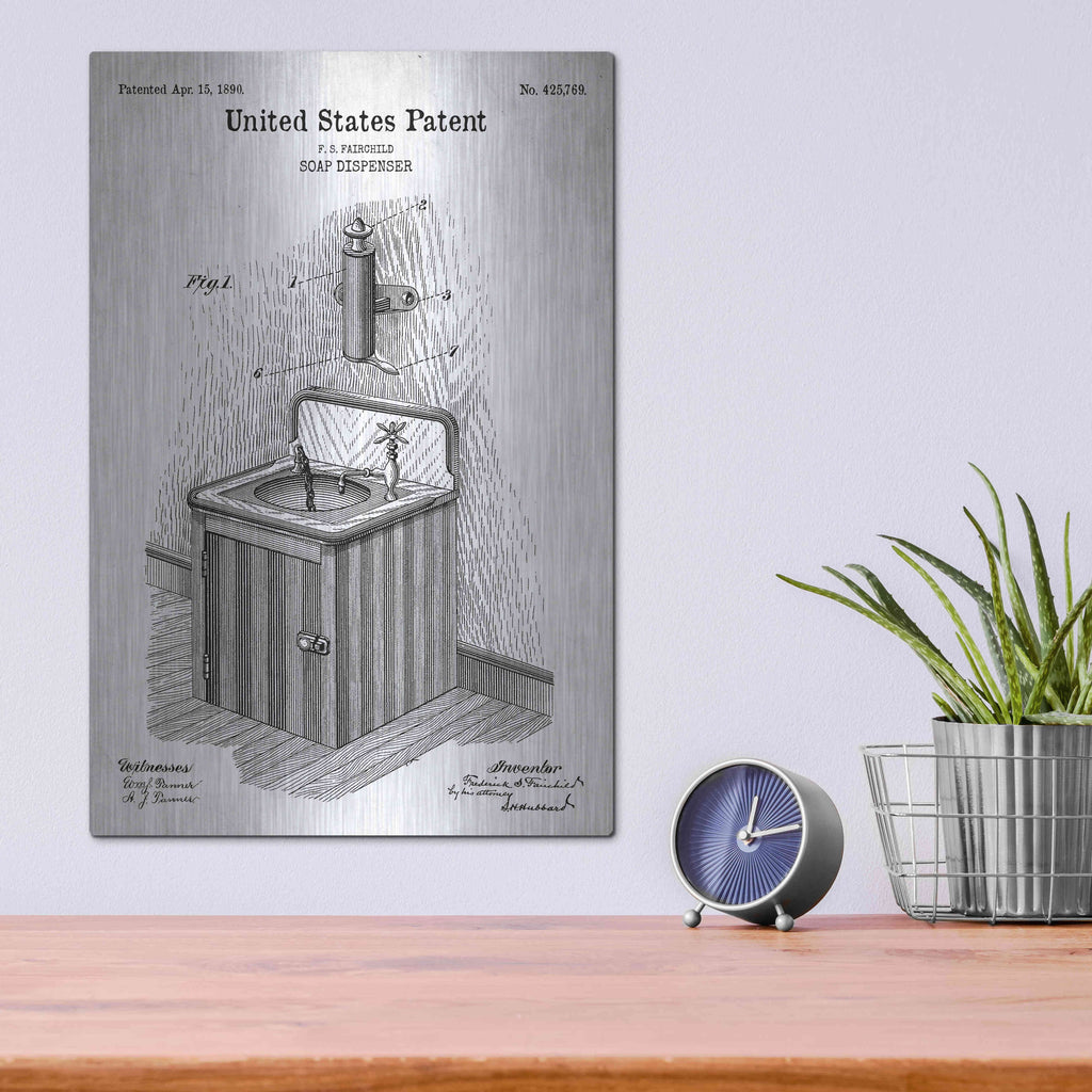 Luxe Metal Art 'Soap Dispenser Blueprint Patent White' Metal Wall Art,12x16