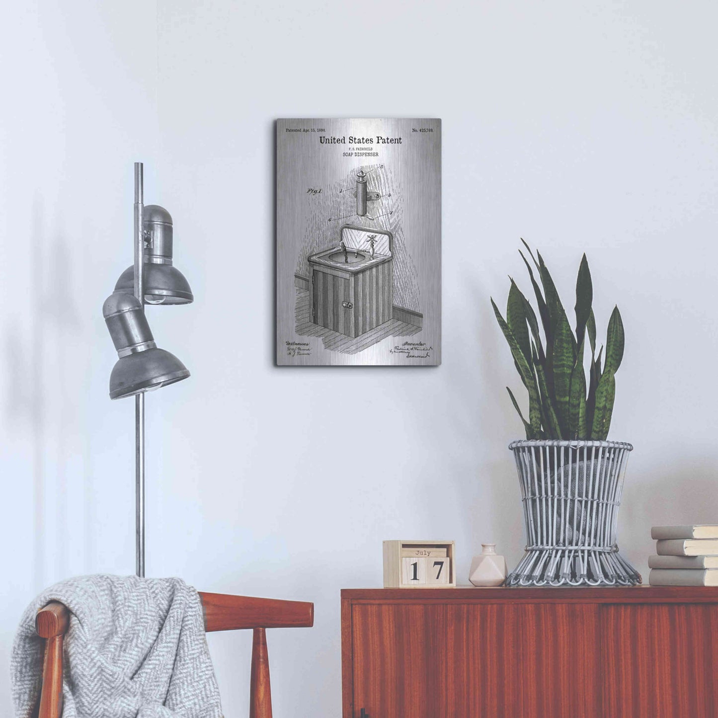 Luxe Metal Art 'Soap Dispenser Blueprint Patent White' Acrylic Glass Wall Art,16x24