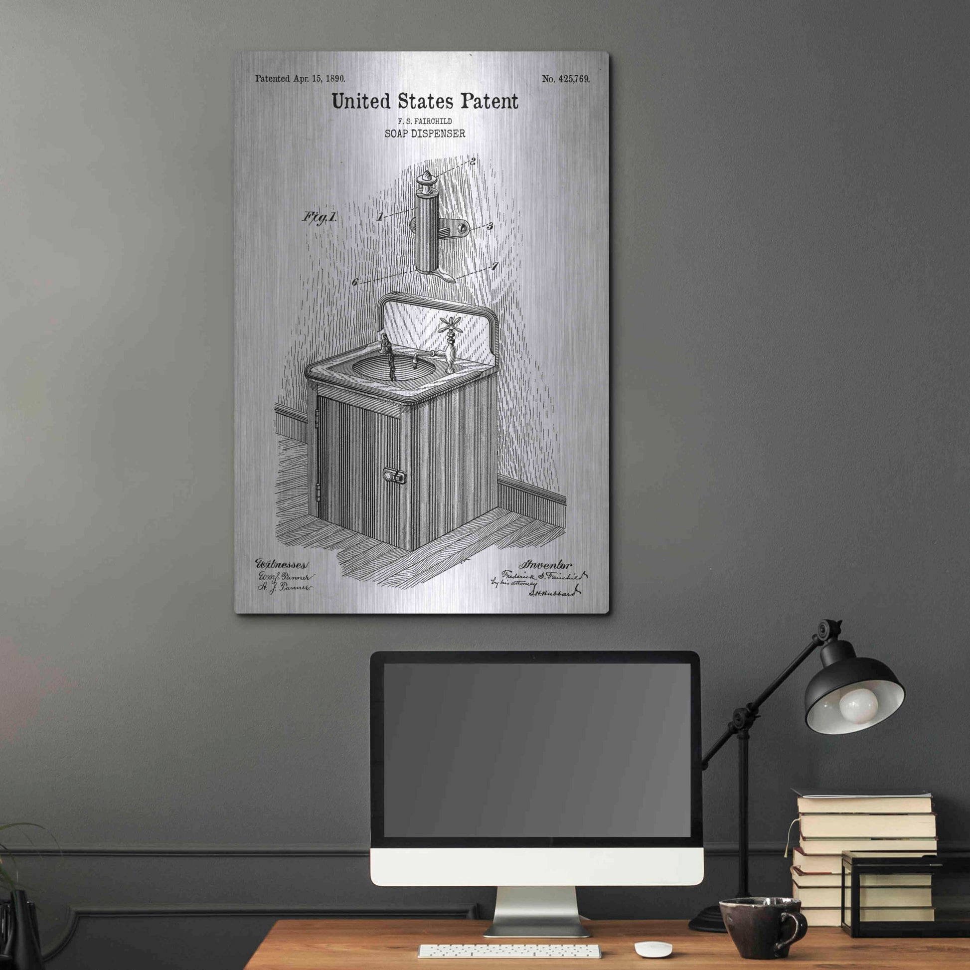 Luxe Metal Art 'Soap Dispenser Blueprint Patent White' Acrylic Glass Wall Art,24x36