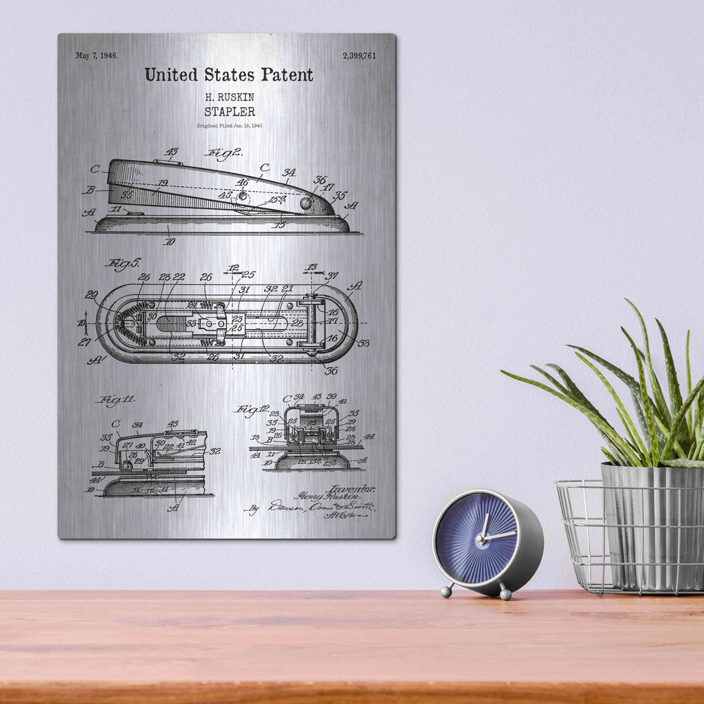 Luxe Metal Art 'Stapler Blueprint Patent White' Metal Wall Art,12x16