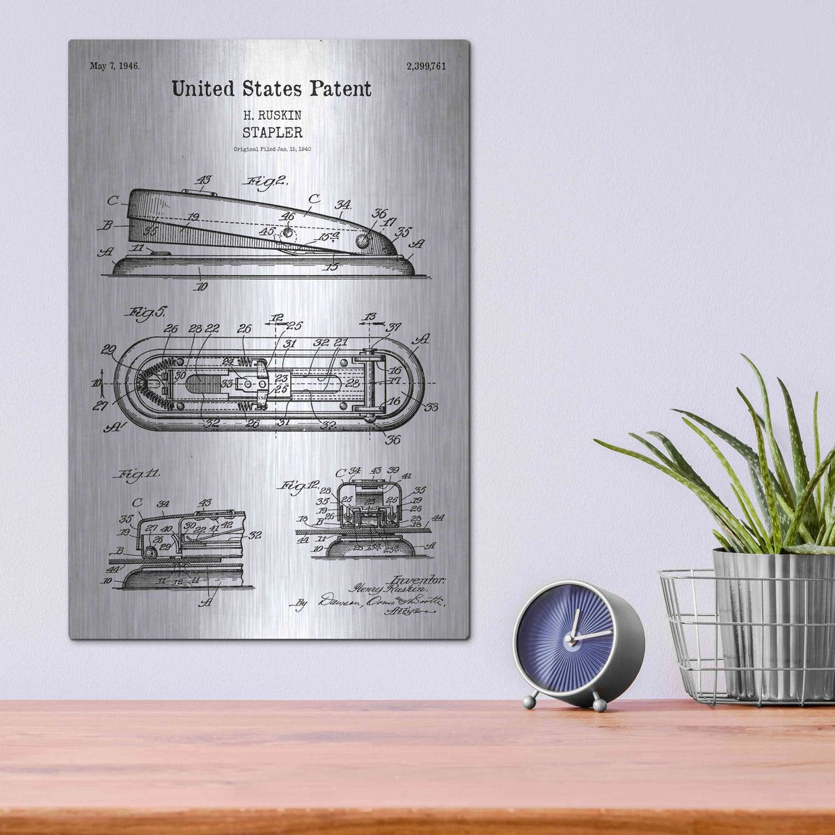 Luxe Metal Art 'Stapler Blueprint Patent White' Metal Wall Art,12x16