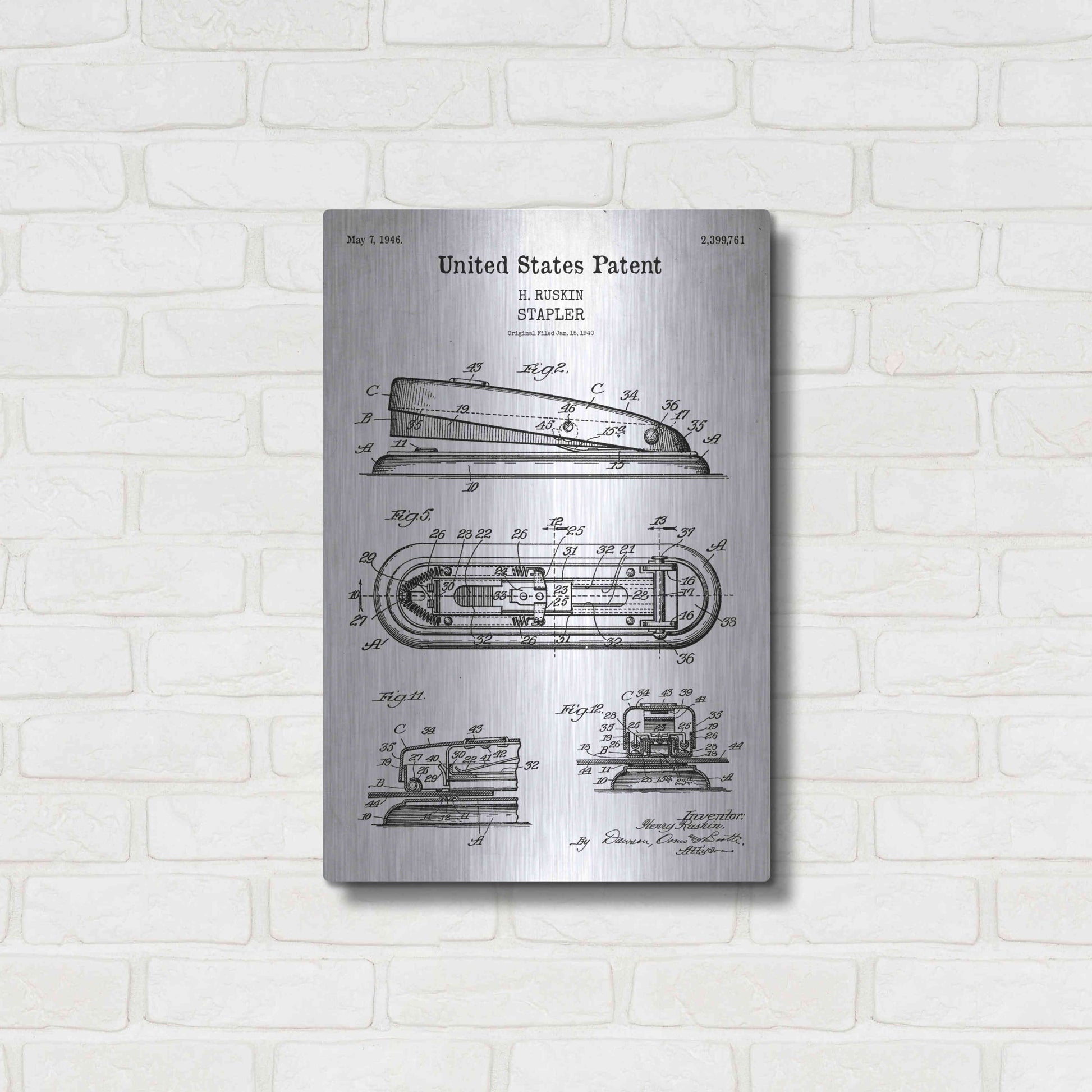 Luxe Metal Art 'Stapler Blueprint Patent White' Acrylic Glass Wall Art,16x24