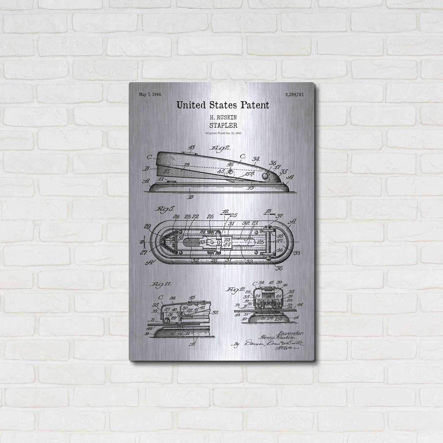 Luxe Metal Art 'Stapler Blueprint Patent White' Acrylic Glass Wall Art,24x36