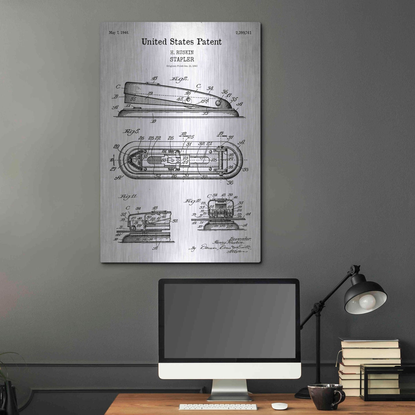 Luxe Metal Art 'Stapler Blueprint Patent White' Acrylic Glass Wall Art,24x36