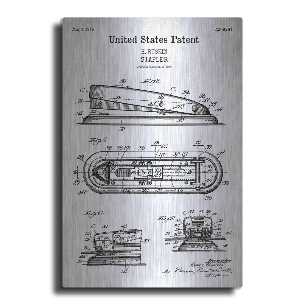 Luxe Metal Art 'Stapler Blueprint Patent White' Metal Wall Art