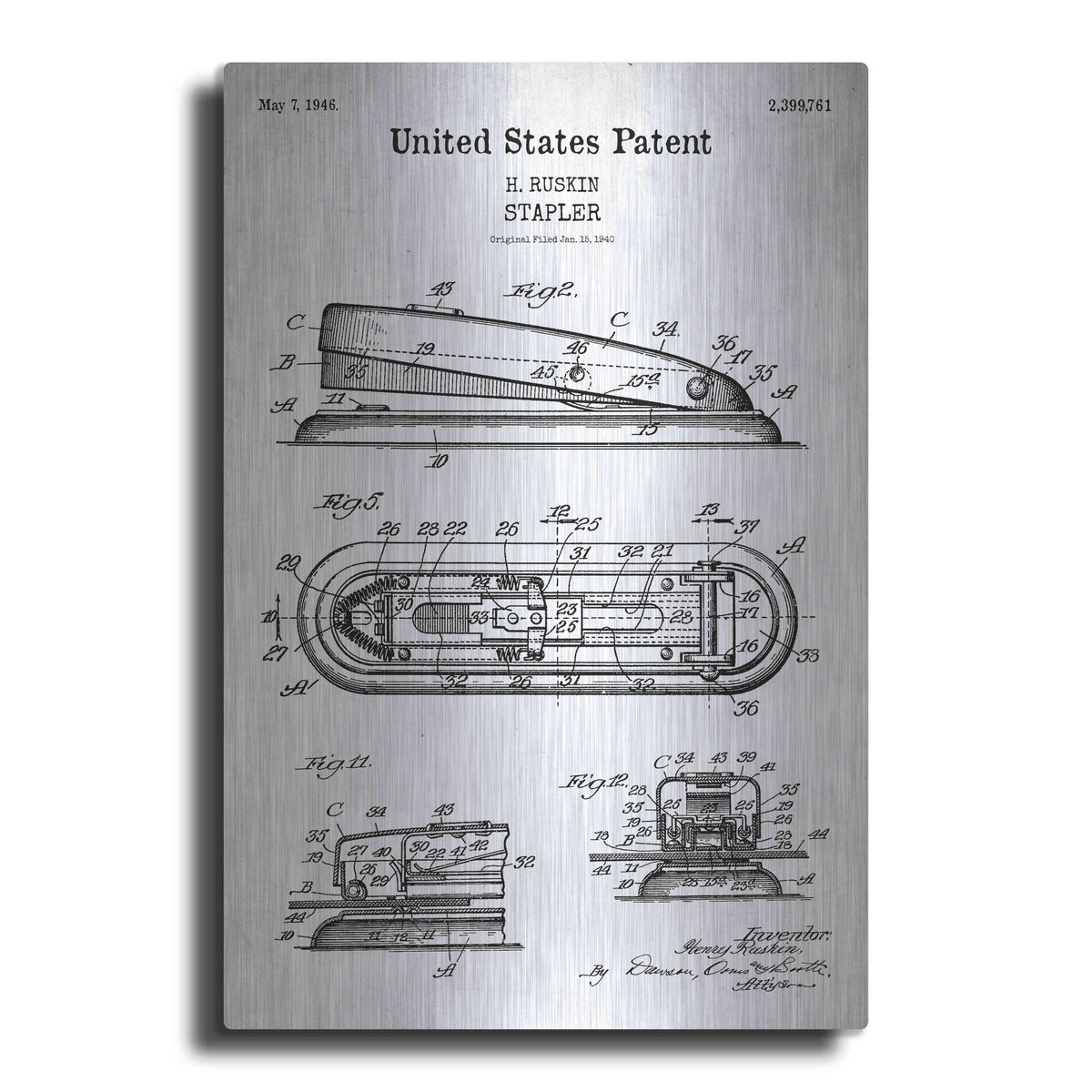 Luxe Metal Art 'Stapler Blueprint Patent White' Metal Wall Art