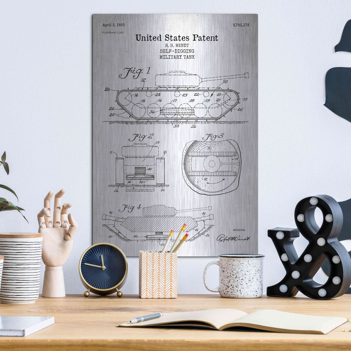 Luxe Metal Art 'Self-Digging Military Tank Blueprint Patent White' Acrylic Glass Wall Art,12x16