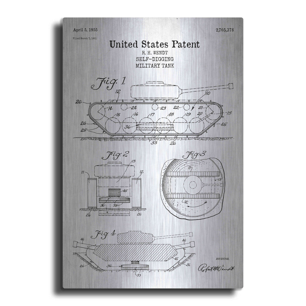 Luxe Metal Art 'Self-Digging Military Tank Blueprint Patent White' Metal Wall Art