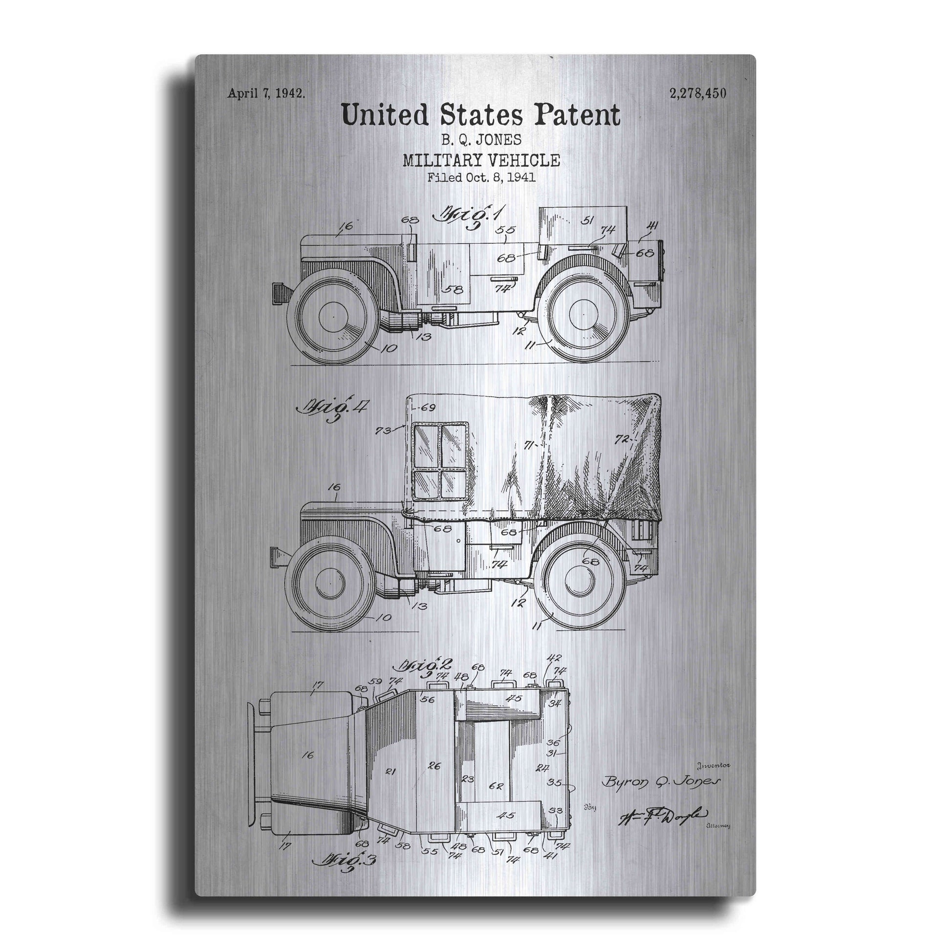 Luxe Metal Art 'Military Vehicle Blueprint Patent White' Acrylic Glass Wall Art