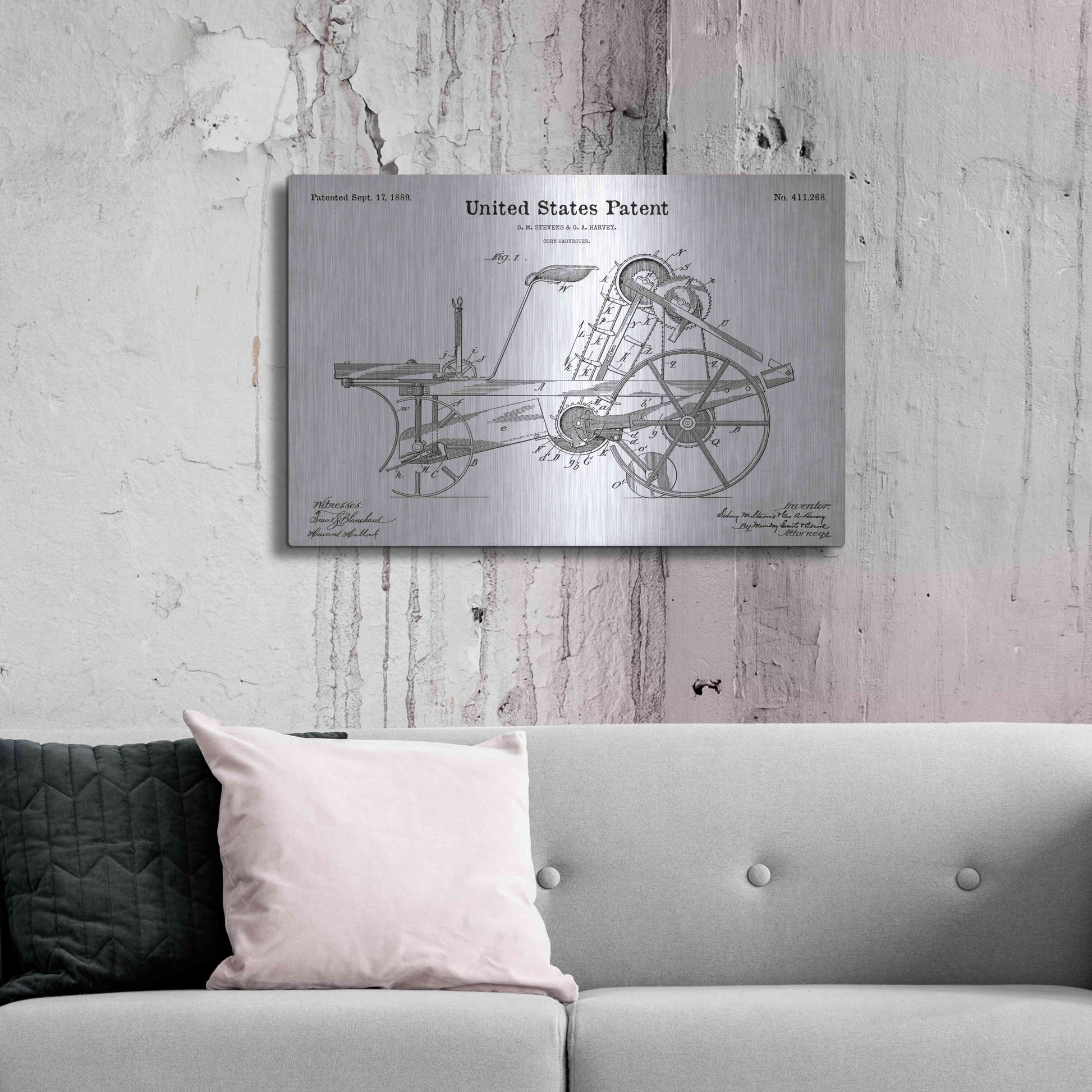 Luxe Metal Art 'Corn Harvester Blueprint Patent White' Metal Wall Art,36x24