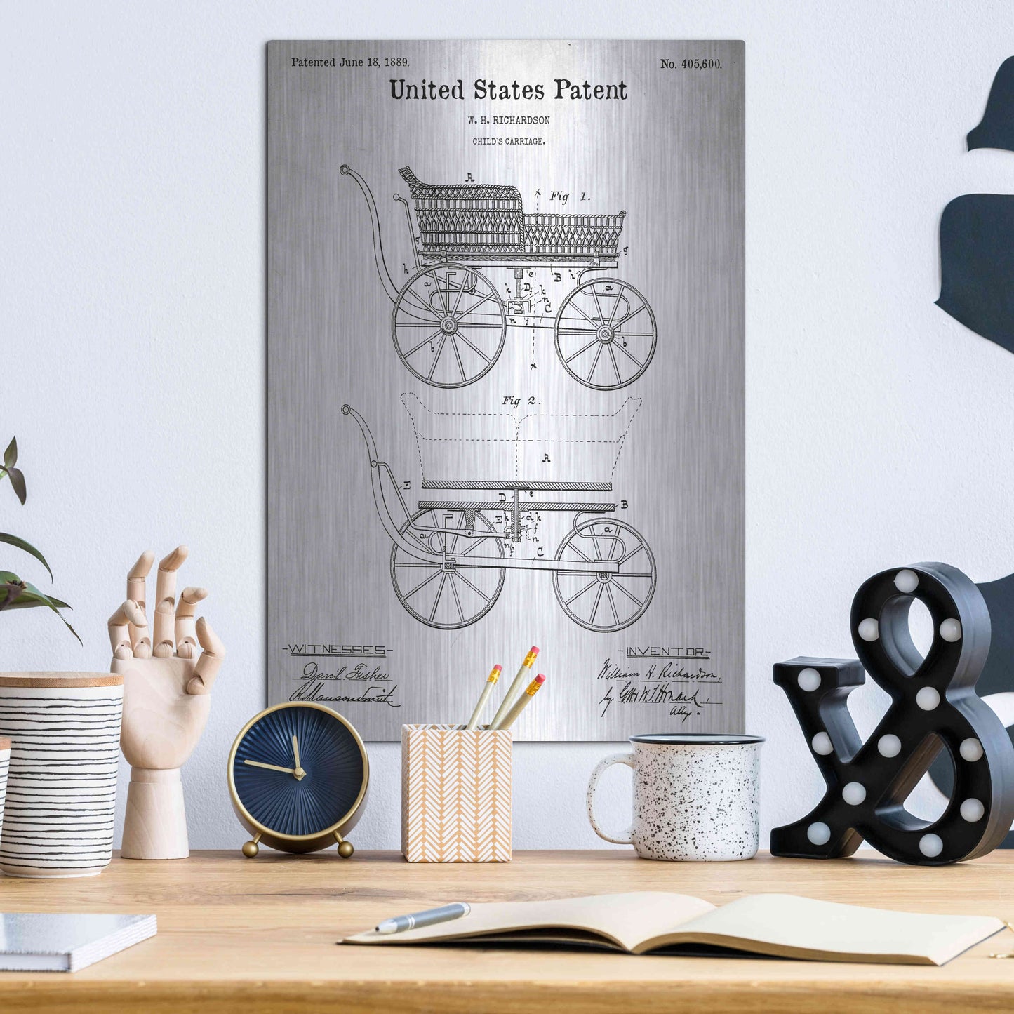 Luxe Metal Art 'Baby Carriage Blueprint Patent White' Metal Wall Art,12x16