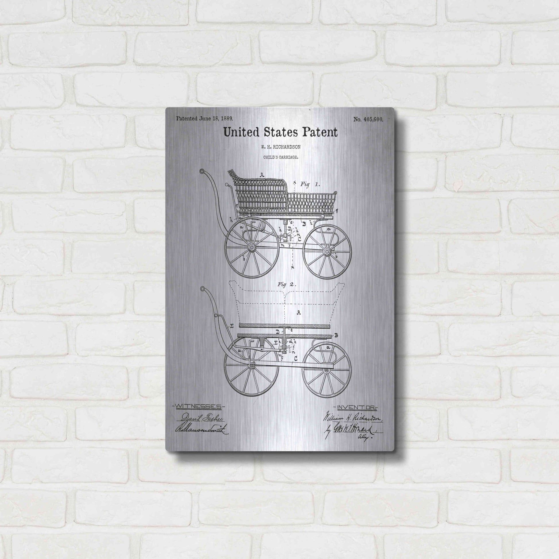 Luxe Metal Art 'Baby Carriage Blueprint Patent White' Metal Wall Art,16x24