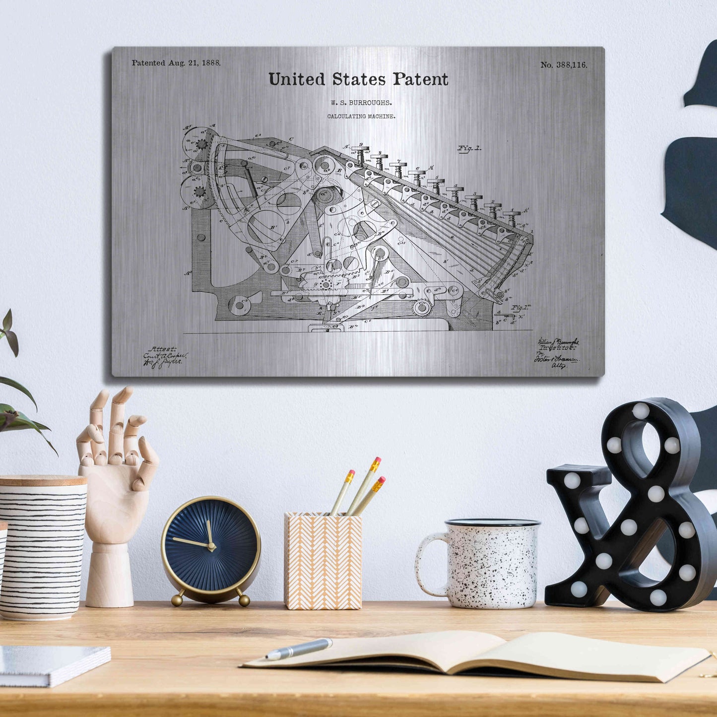 Luxe Metal Art 'Calculating Machine Blueprint Patent White' Metal Wall Art,16x12