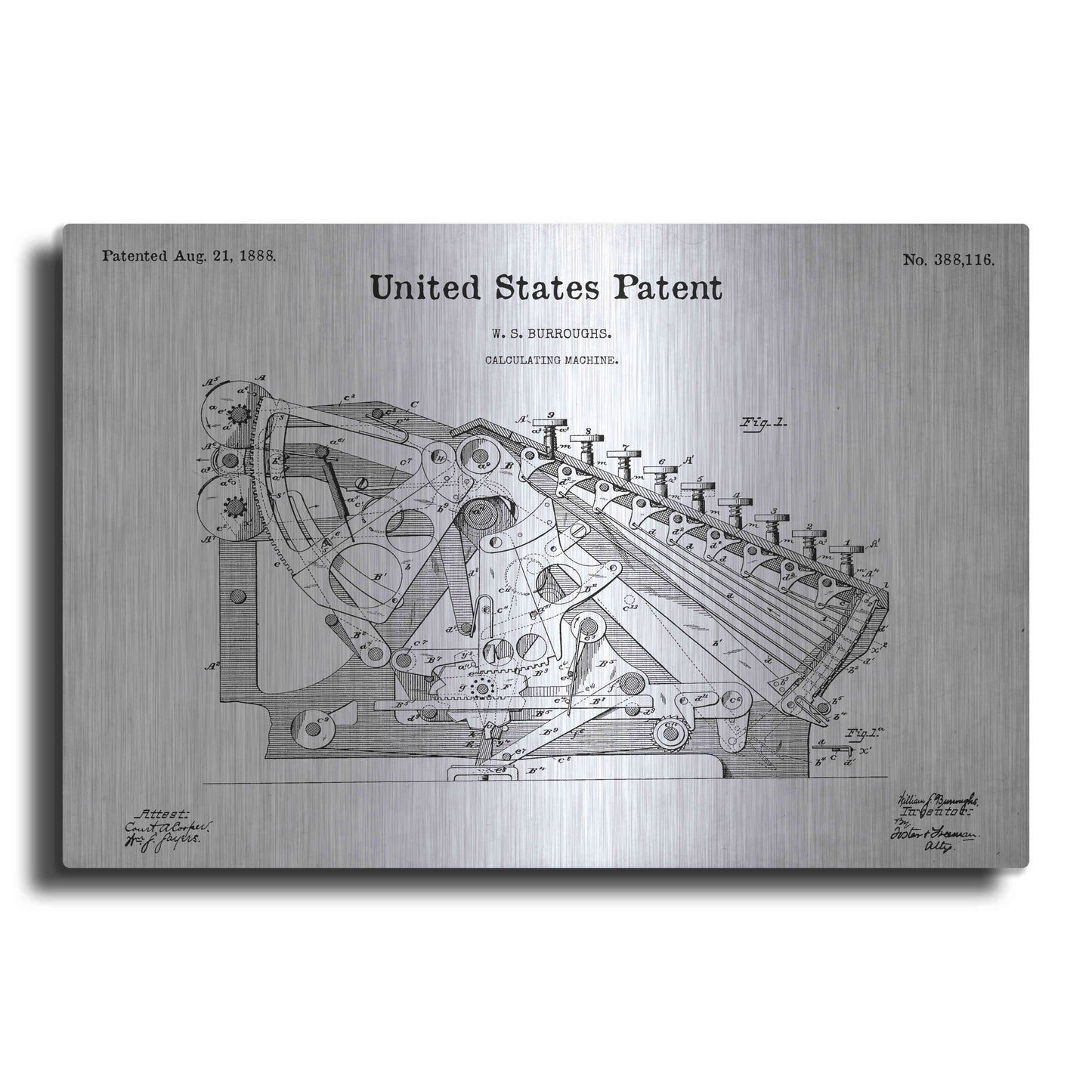 Luxe Metal Art 'Calculating Machine Blueprint Patent White' Metal Wall Art