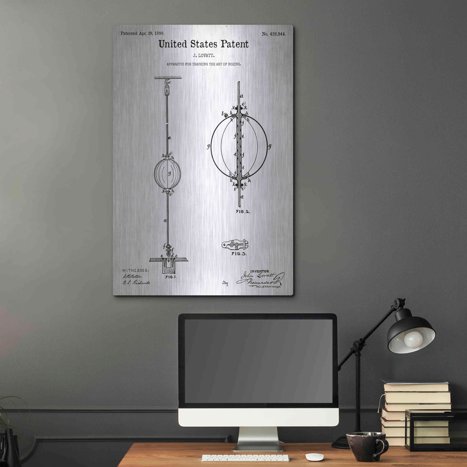 Luxe Metal Art 'Apparatus to Teach Boxing Blueprint Patent White' Metal Wall Art,24x36