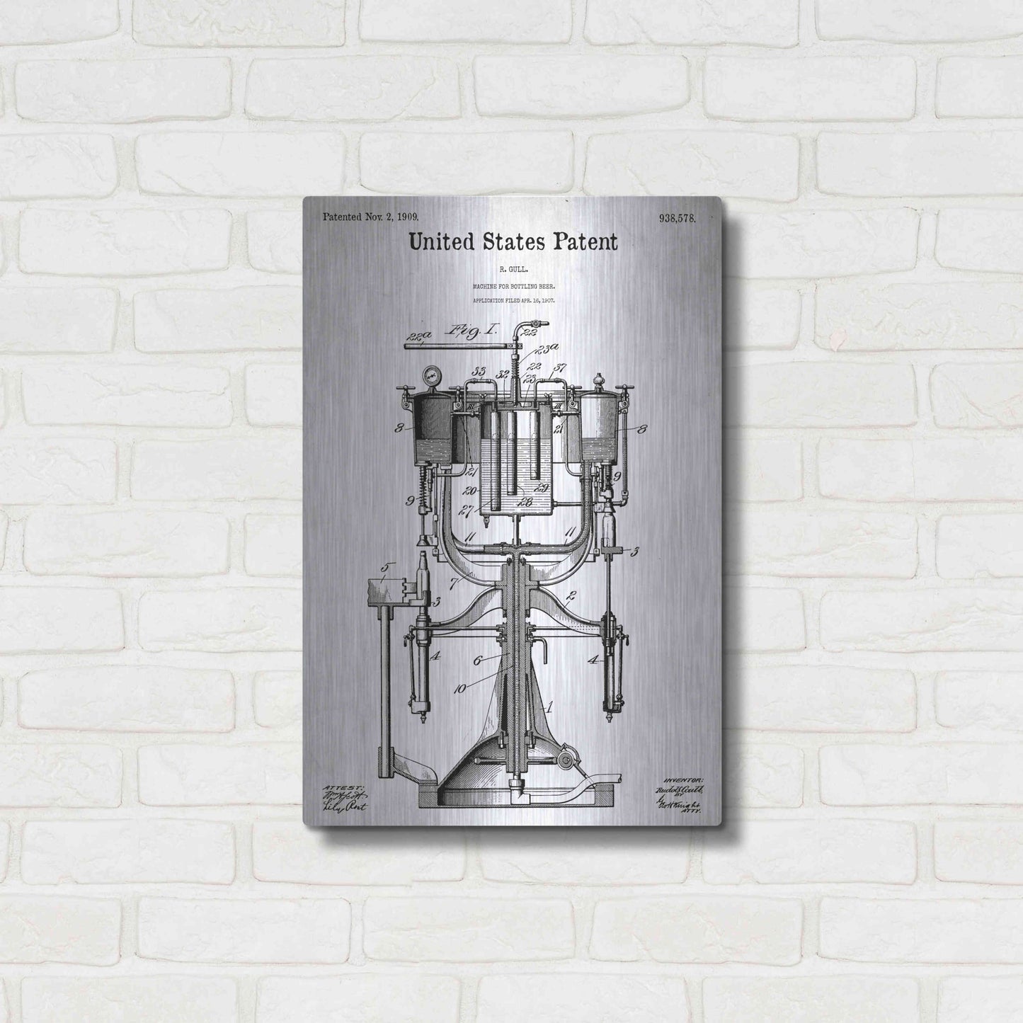 Luxe Metal Art 'Beer Bottling Machine Blueprint Patent White' Metal Wall Art,16x24