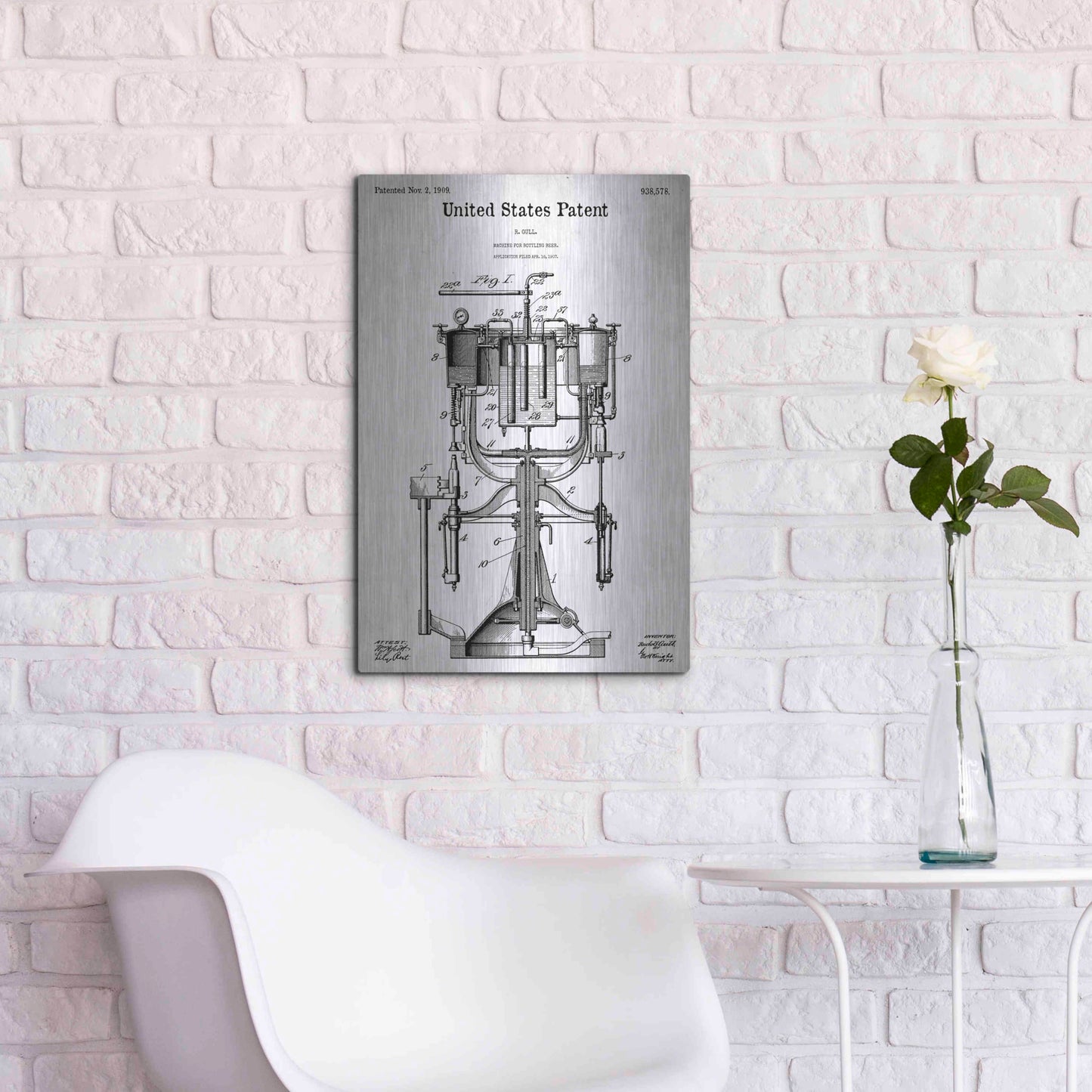 Luxe Metal Art 'Beer Bottling Machine Blueprint Patent White' Metal Wall Art,16x24