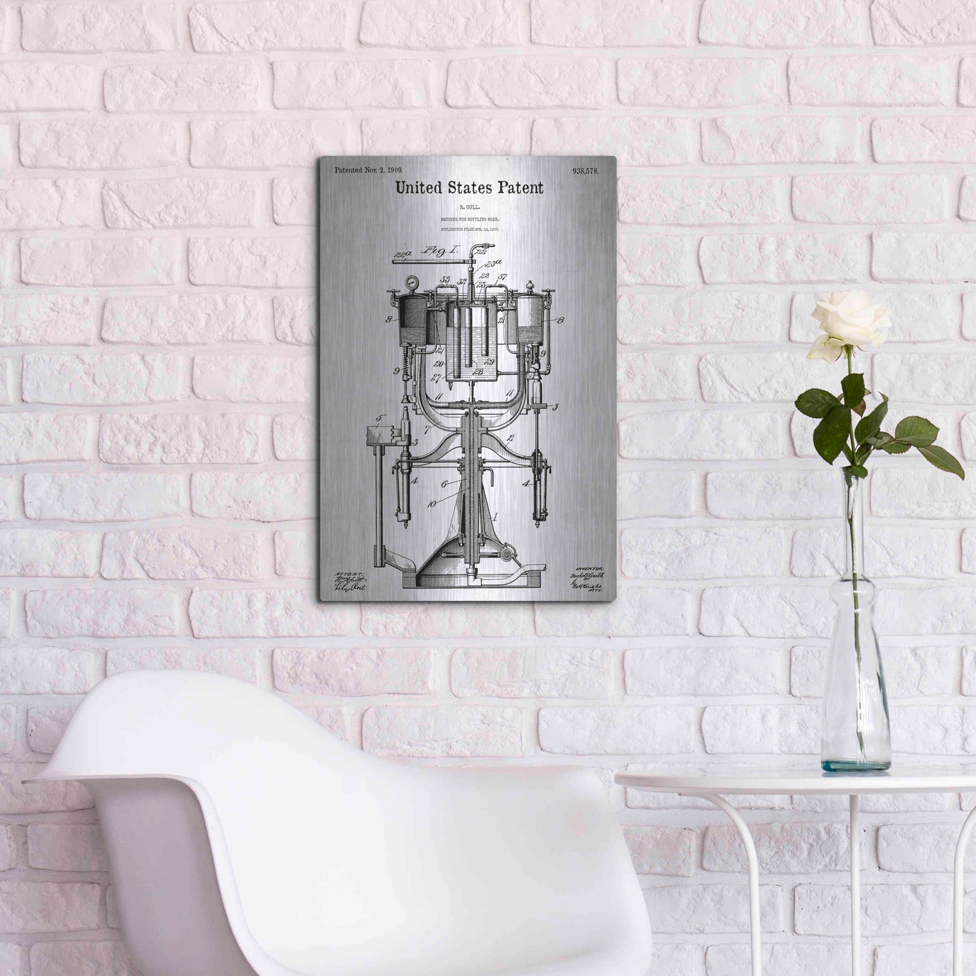 Luxe Metal Art 'Beer Bottling Machine Blueprint Patent White' Metal Wall Art,16x24