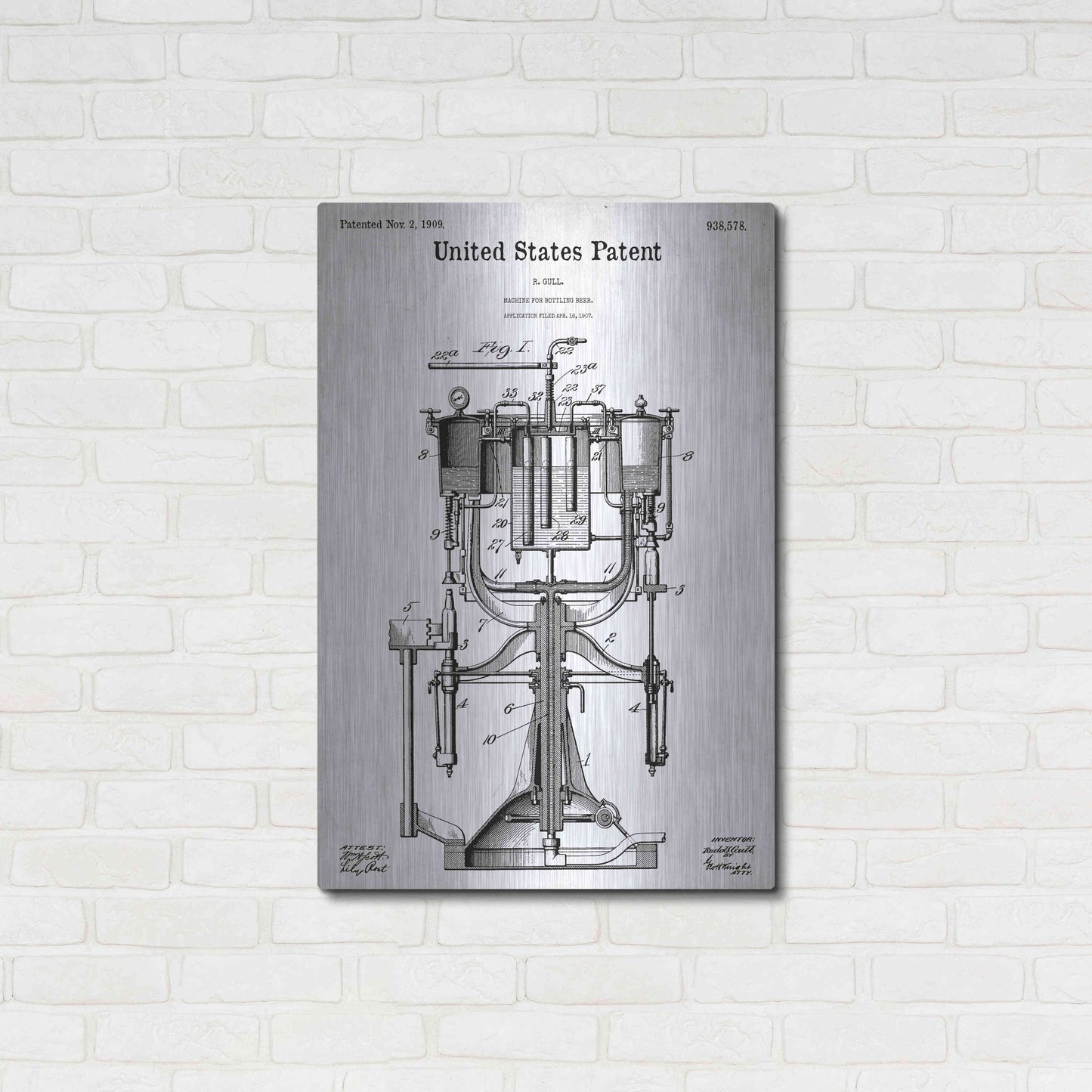 Luxe Metal Art 'Beer Bottling Machine Blueprint Patent White' Metal Wall Art,24x36