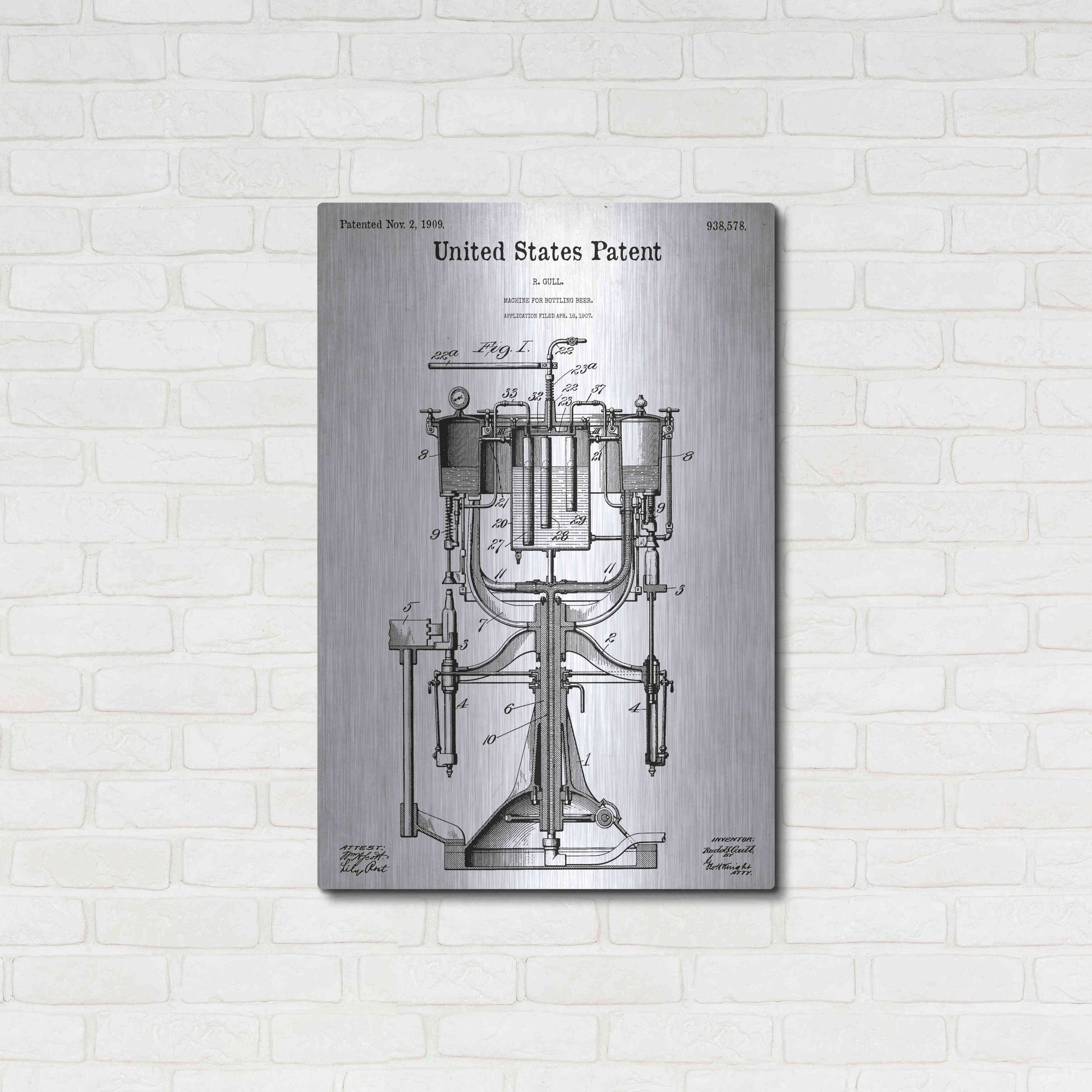 Luxe Metal Art 'Beer Bottling Machine Blueprint Patent White' Metal Wall Art,24x36