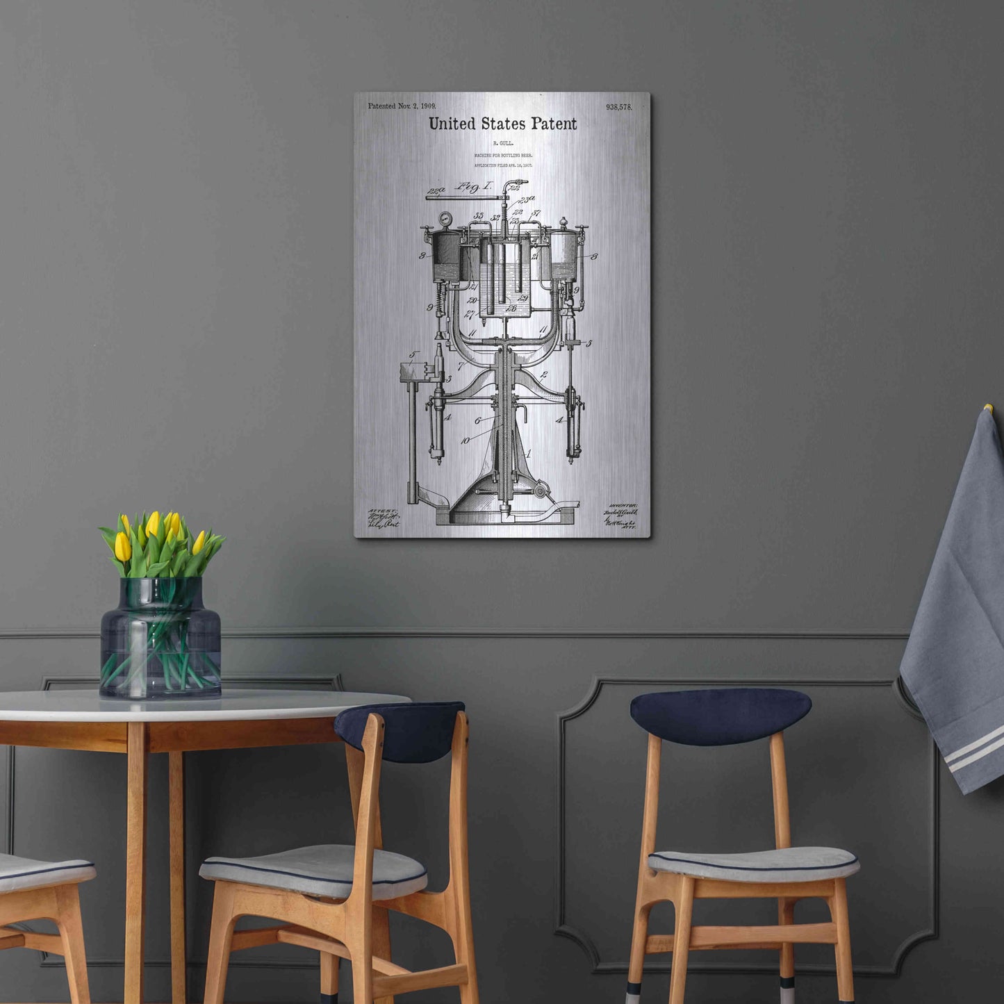 Luxe Metal Art 'Beer Bottling Machine Blueprint Patent White' Metal Wall Art,24x36