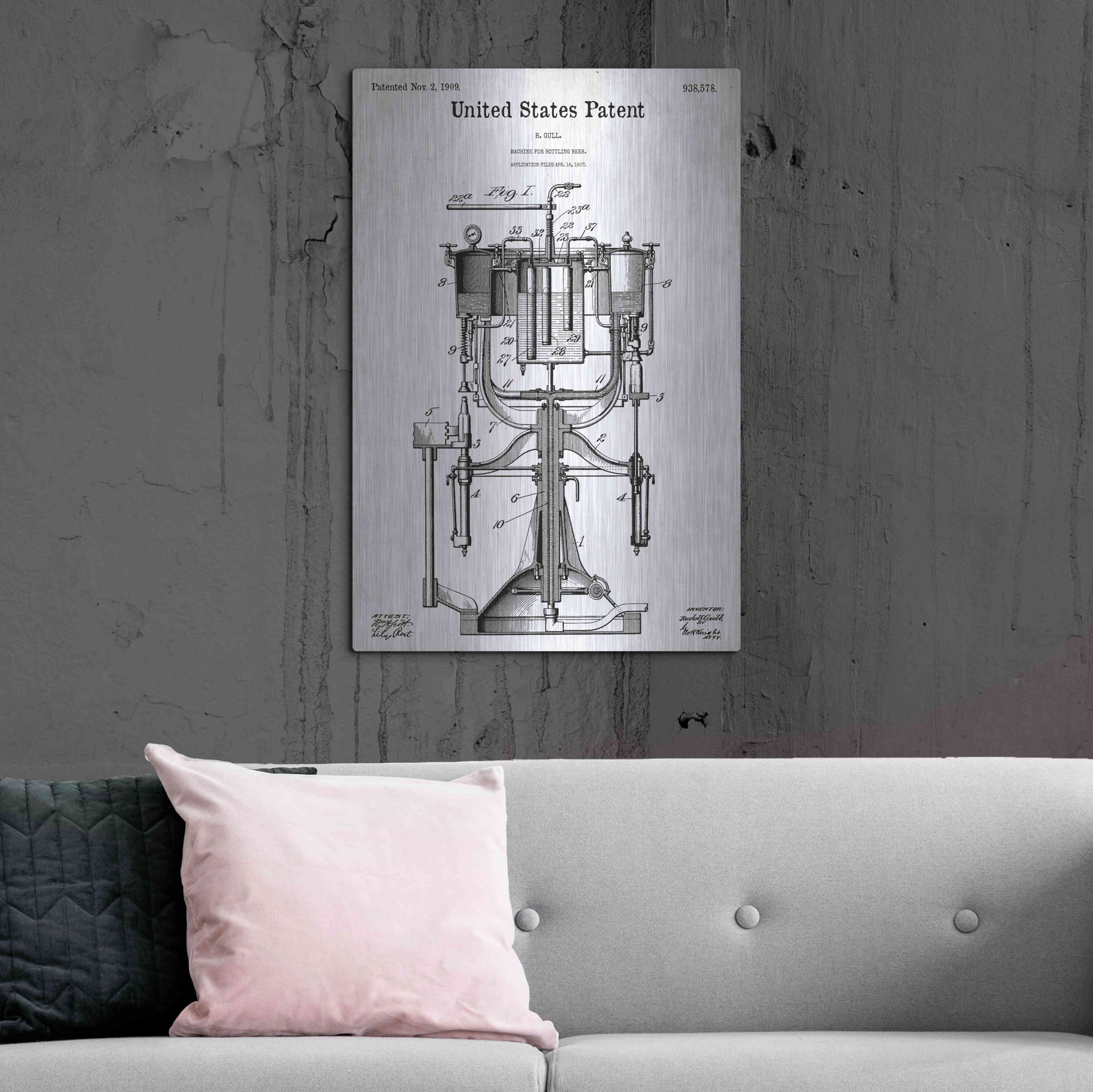 Luxe Metal Art 'Beer Bottling Machine Blueprint Patent White' Metal Wall Art,24x36