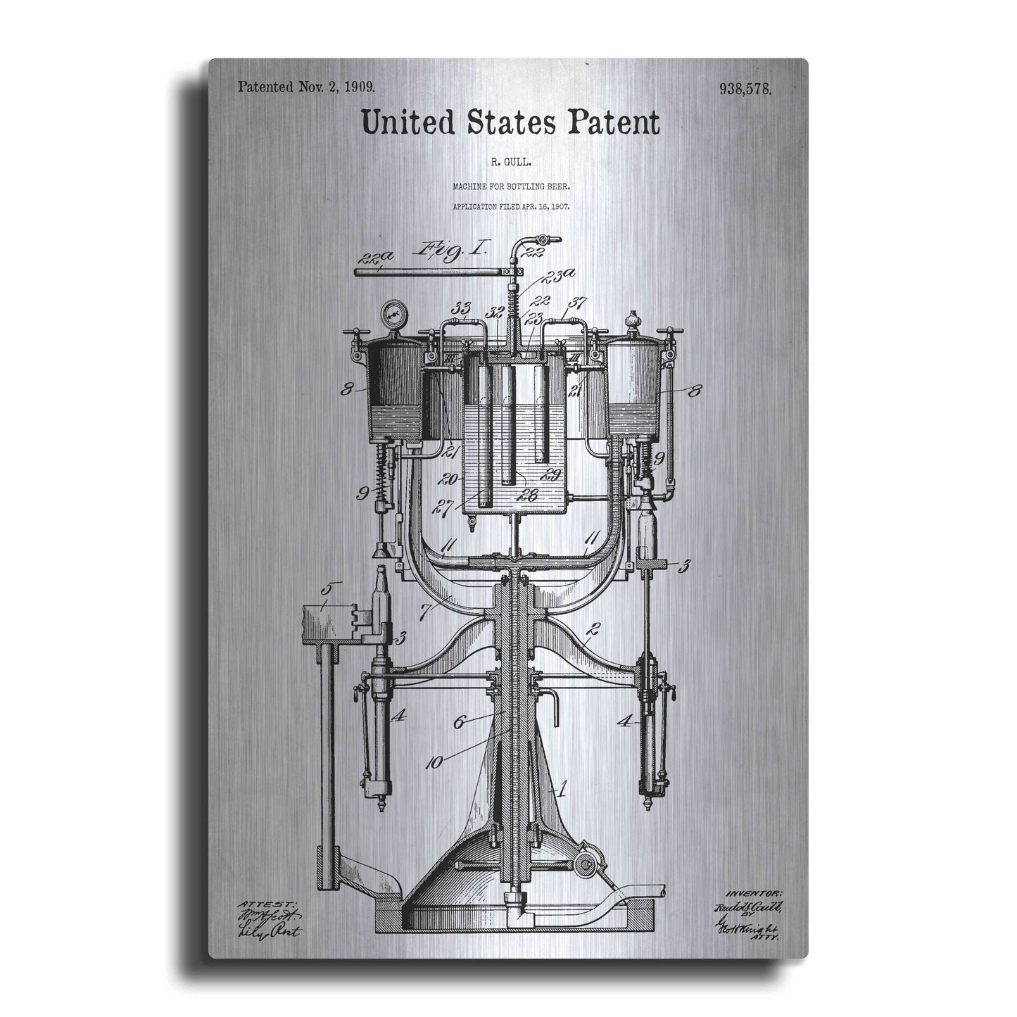 Luxe Metal Art 'Beer Bottling Machine Blueprint Patent White' Metal Wall Art