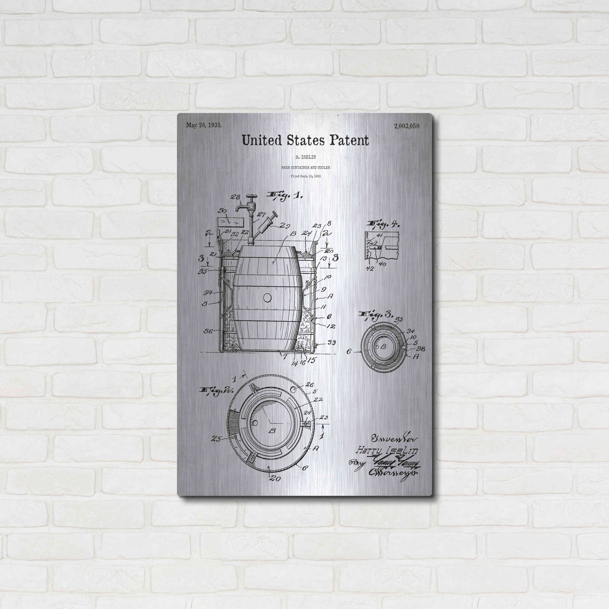 Luxe Metal Art 'Beer Container and Cooler Blueprint Patent White' Metal Wall Art,24x36