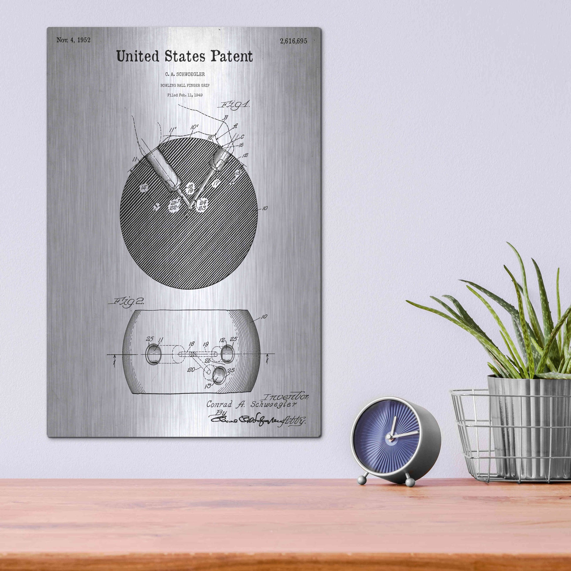 Luxe Metal Art 'Bowling Ball Finger Grip Blueprint Patent White' Metal Wall Art,12x16