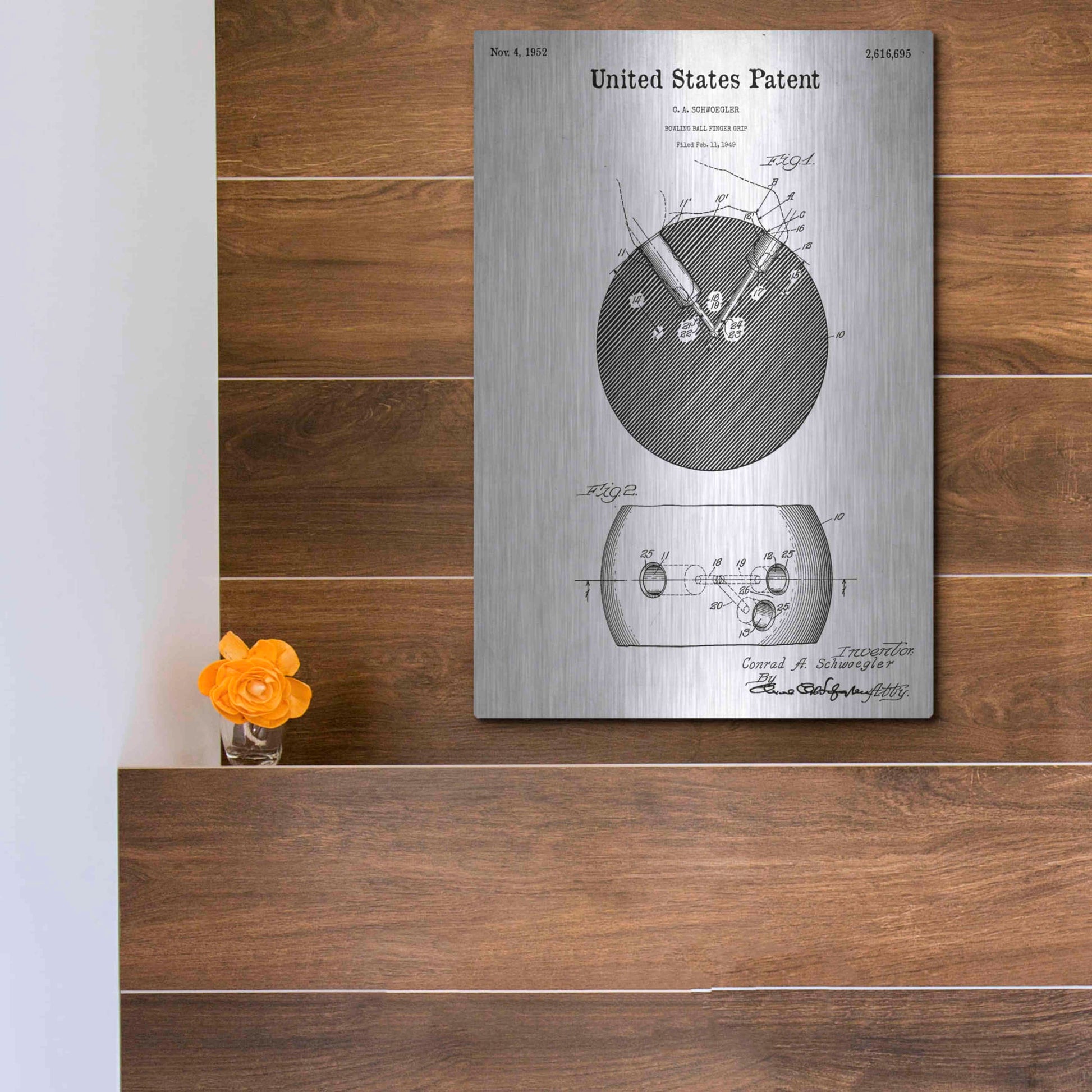 Luxe Metal Art 'Bowling Ball Finger Grip Blueprint Patent White' Metal Wall Art,12x16