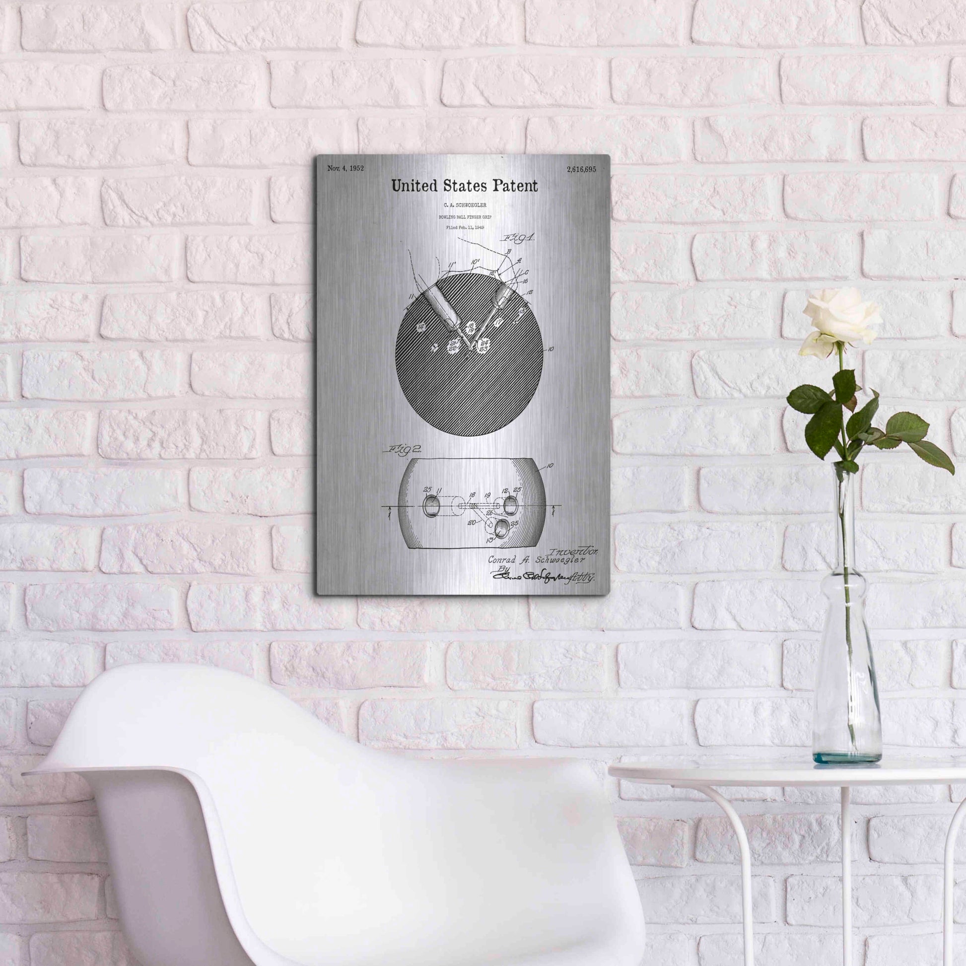 Luxe Metal Art 'Bowling Ball Finger Grip Blueprint Patent White' Metal Wall Art,16x24