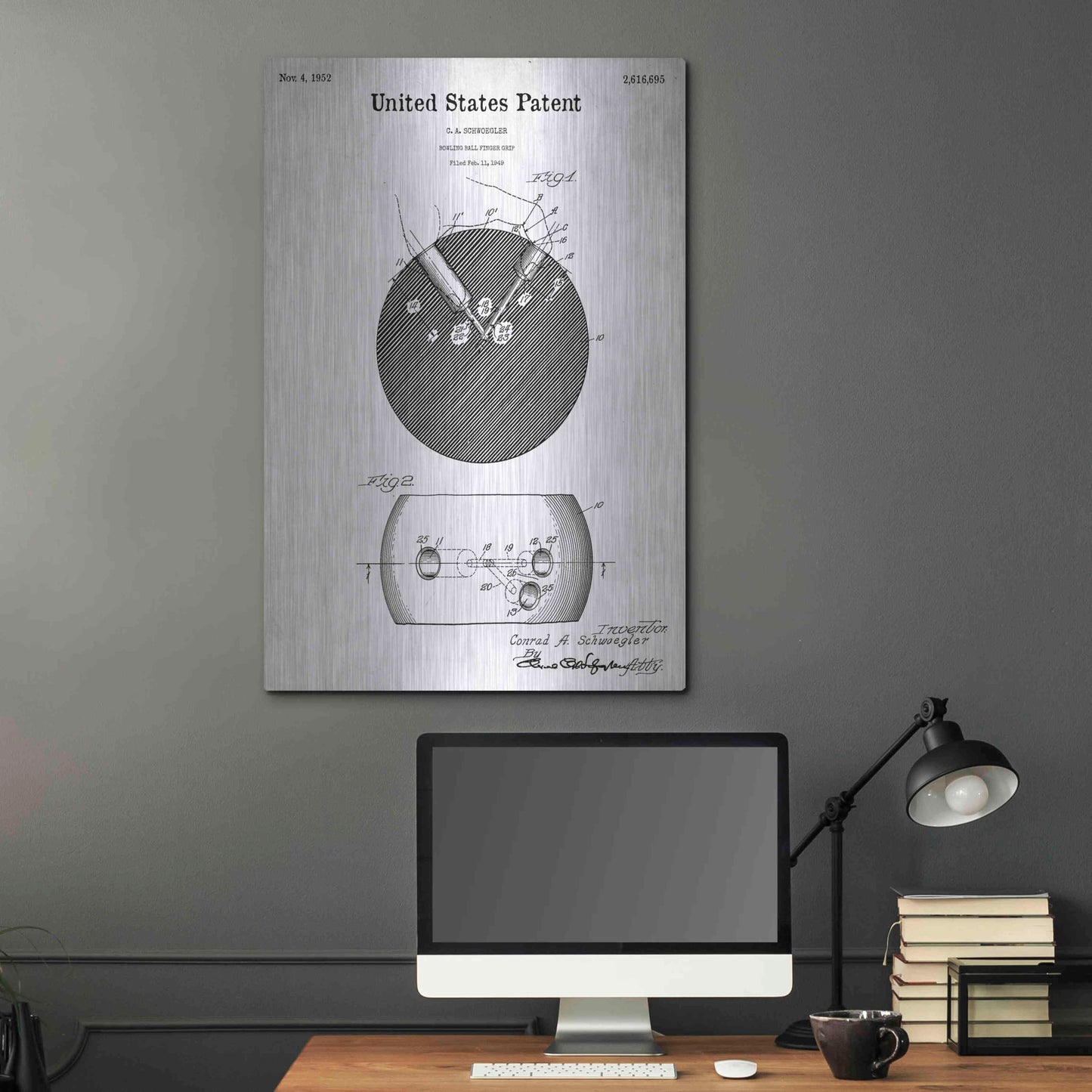 Luxe Metal Art 'Bowling Ball Finger Grip Blueprint Patent White' Metal Wall Art,24x36