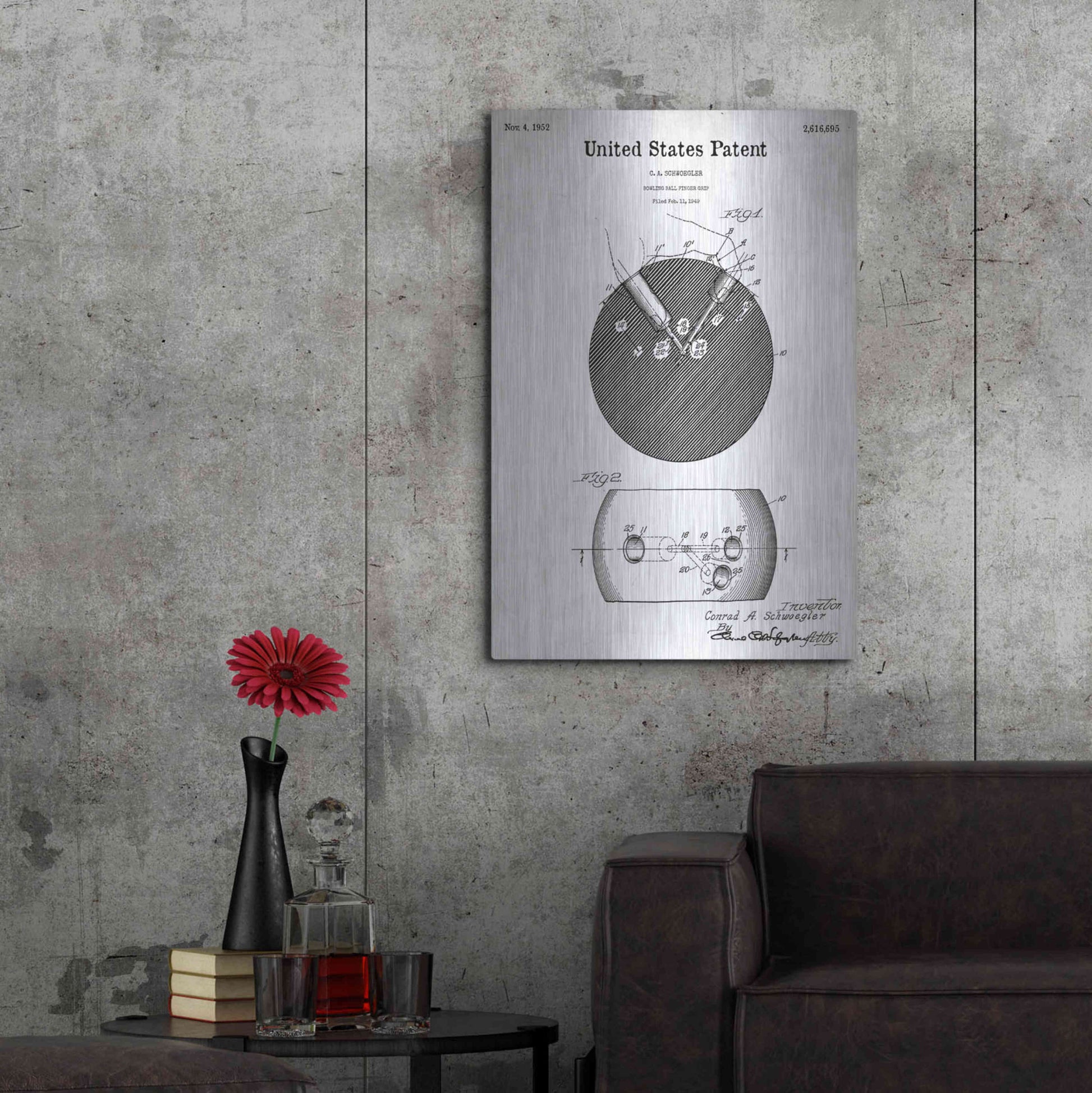 Luxe Metal Art 'Bowling Ball Finger Grip Blueprint Patent White' Metal Wall Art,24x36