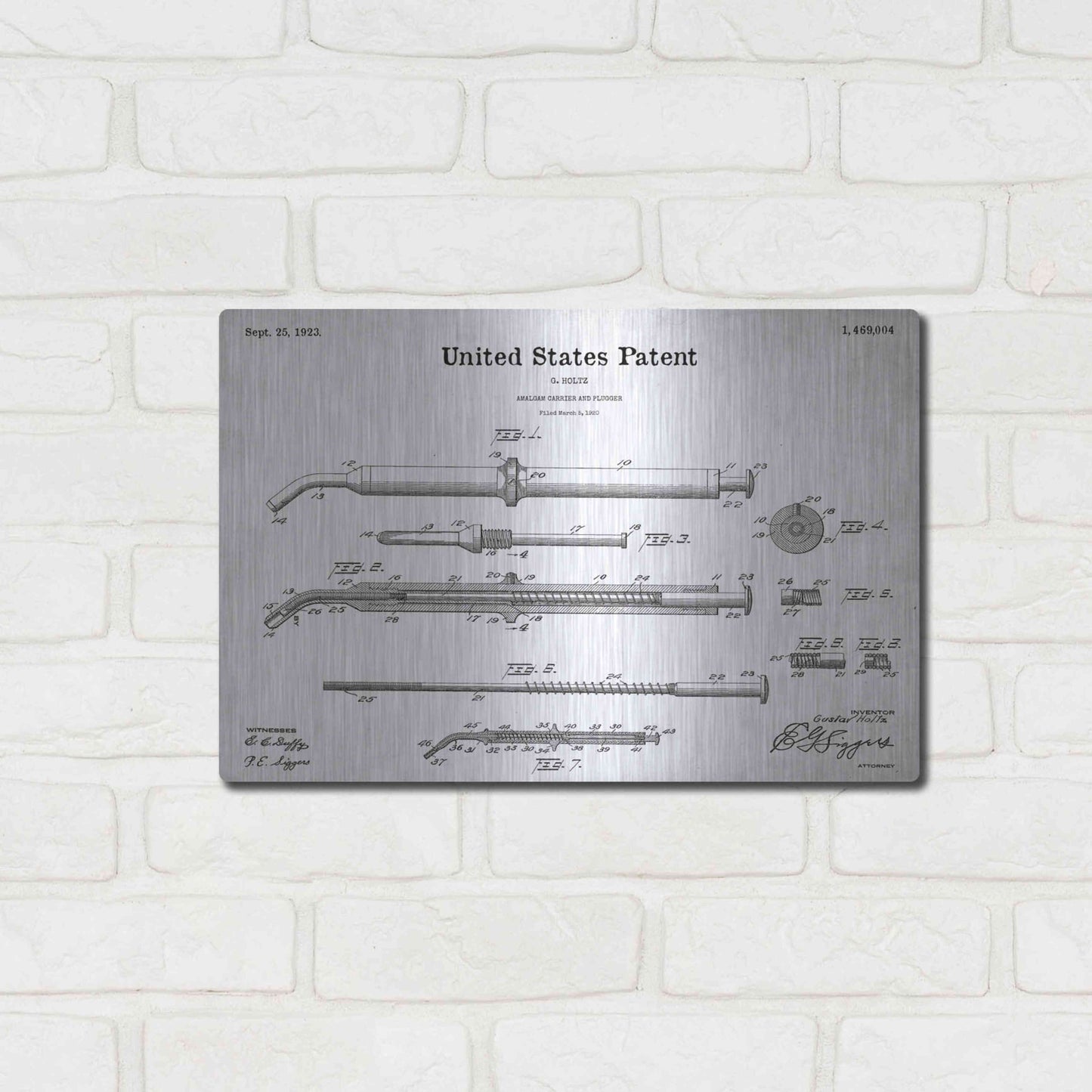 Luxe Metal Art 'Amalgam-Dentist Equipment Blueprint Patent White' Metal Wall Art,16x12