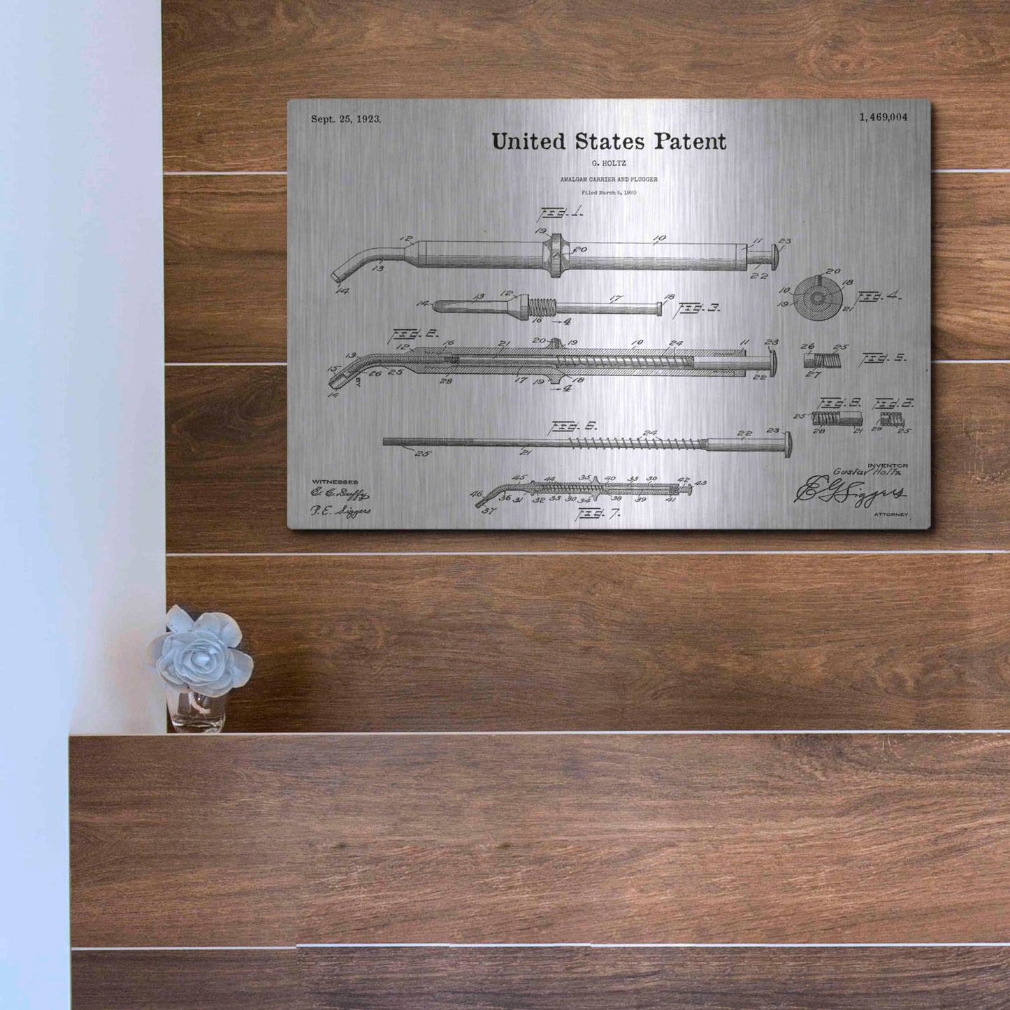 Luxe Metal Art 'Amalgam-Dentist Equipment Blueprint Patent White' Metal Wall Art,16x12