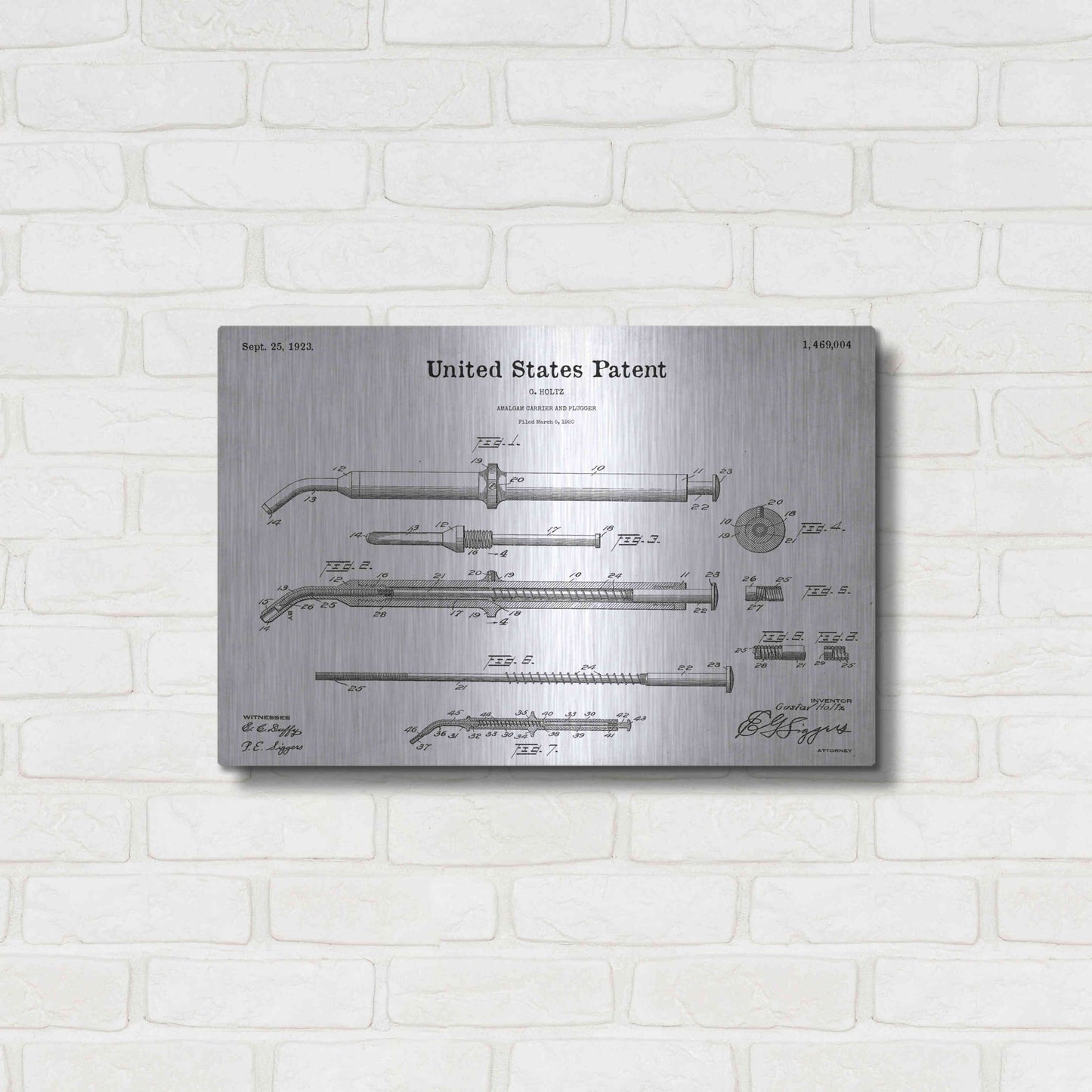 Luxe Metal Art 'Amalgam-Dentist Equipment Blueprint Patent White' Metal Wall Art,24x16