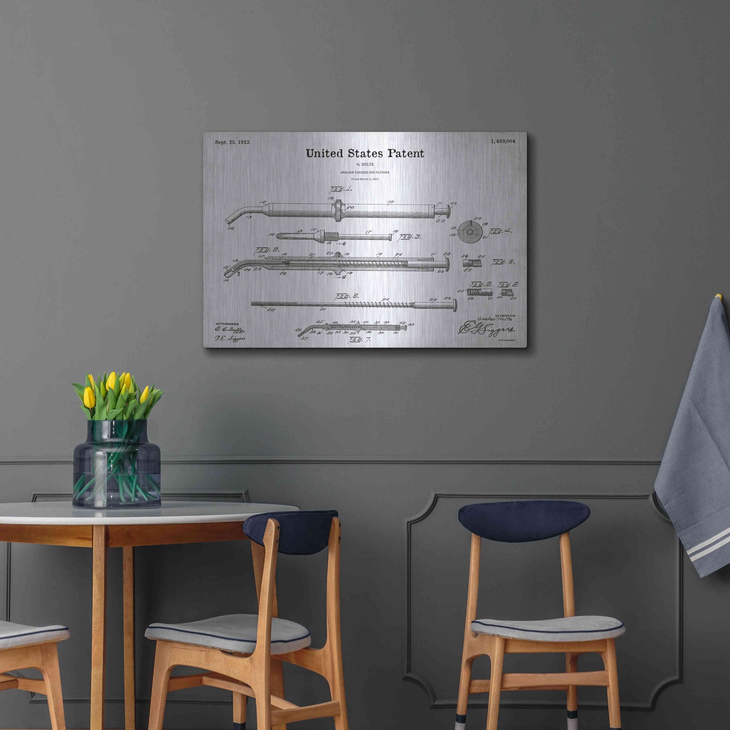 Luxe Metal Art 'Amalgam-Dentist Equipment Blueprint Patent White' Metal Wall Art,36x24