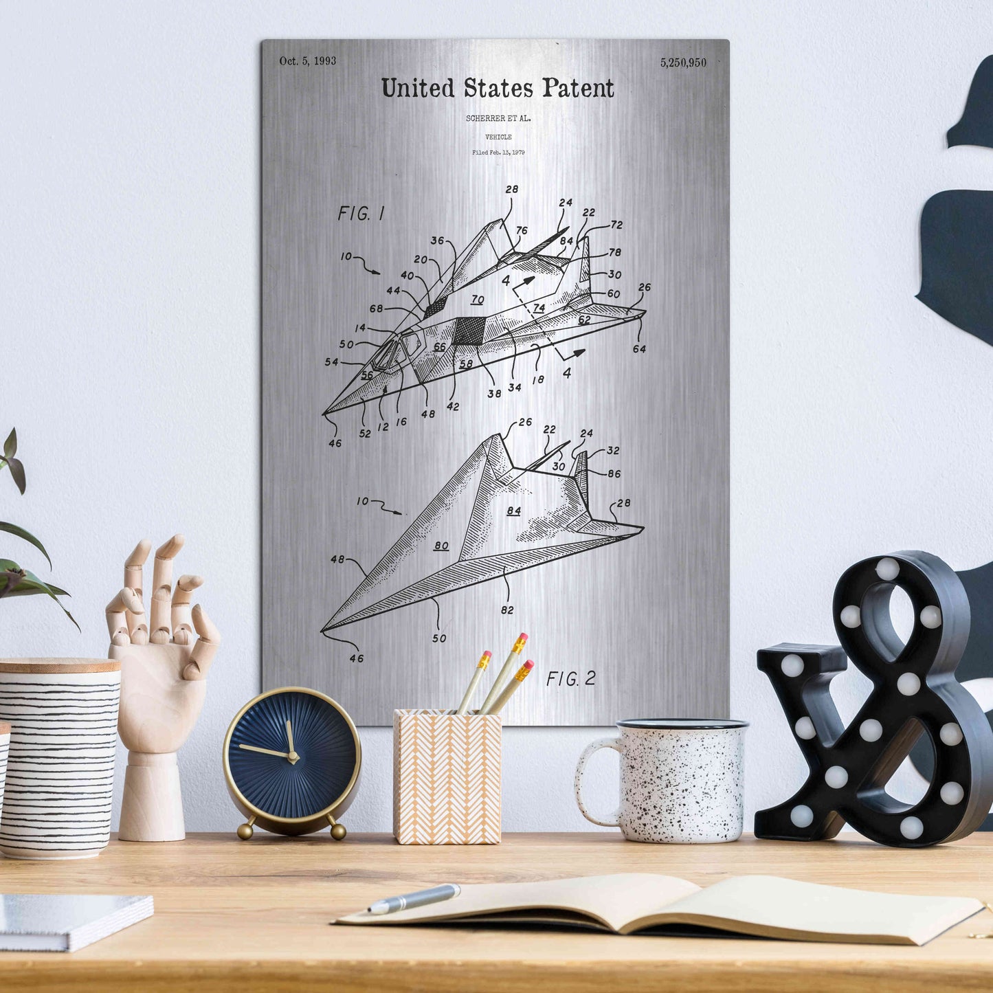 Luxe Metal Art 'F-117 Nighthawk Stealth Fighter Blueprint Patent White' Metal Wall Art,12x16