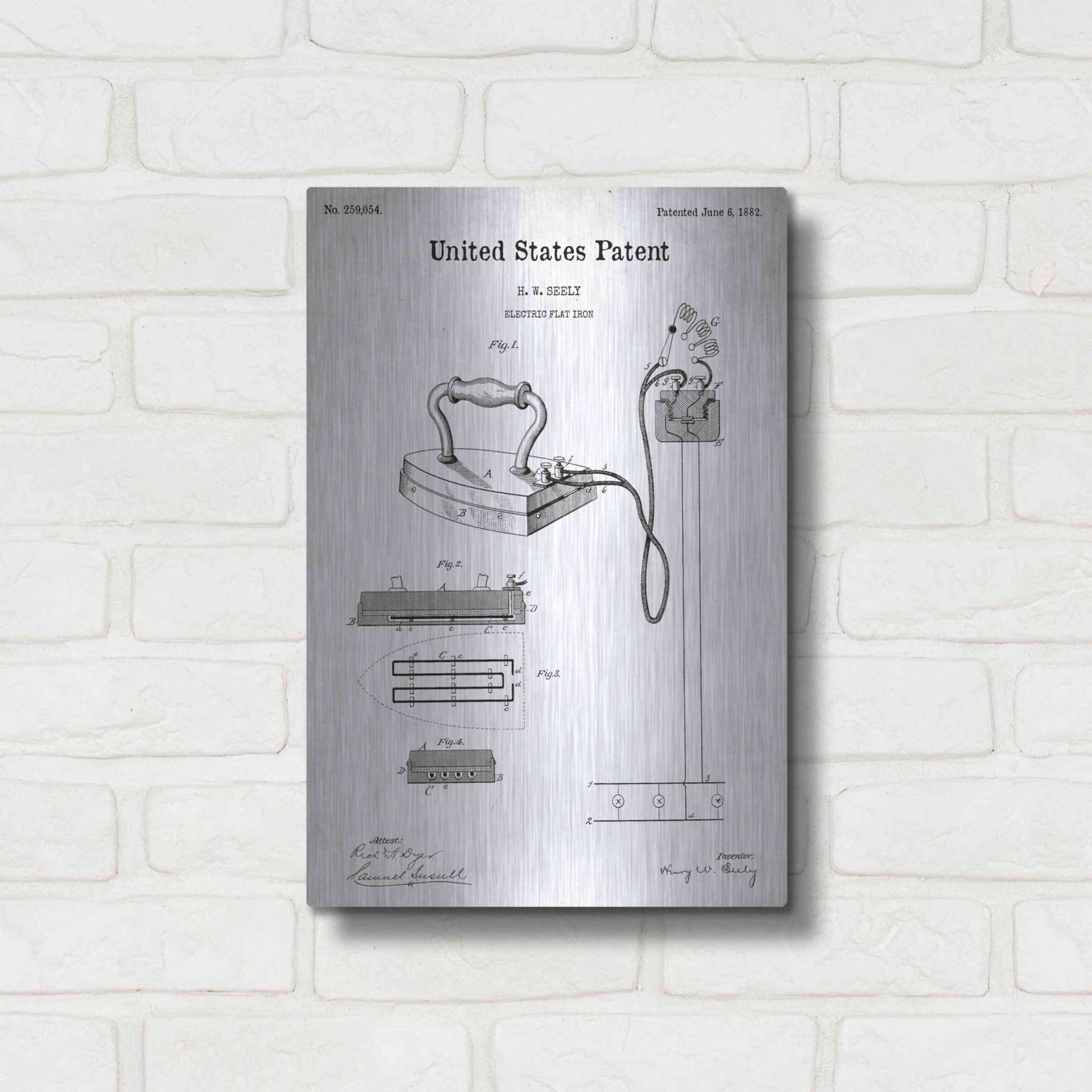 Luxe Metal Art 'Electric Flat Iron Blueprint Patent White' Metal Wall Art,12x16