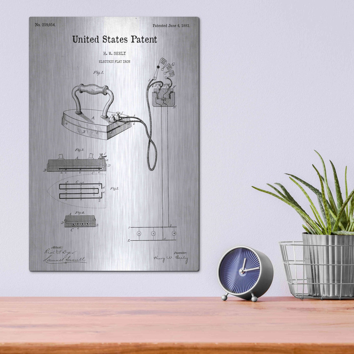 Luxe Metal Art 'Electric Flat Iron Blueprint Patent White' Metal Wall Art,12x16