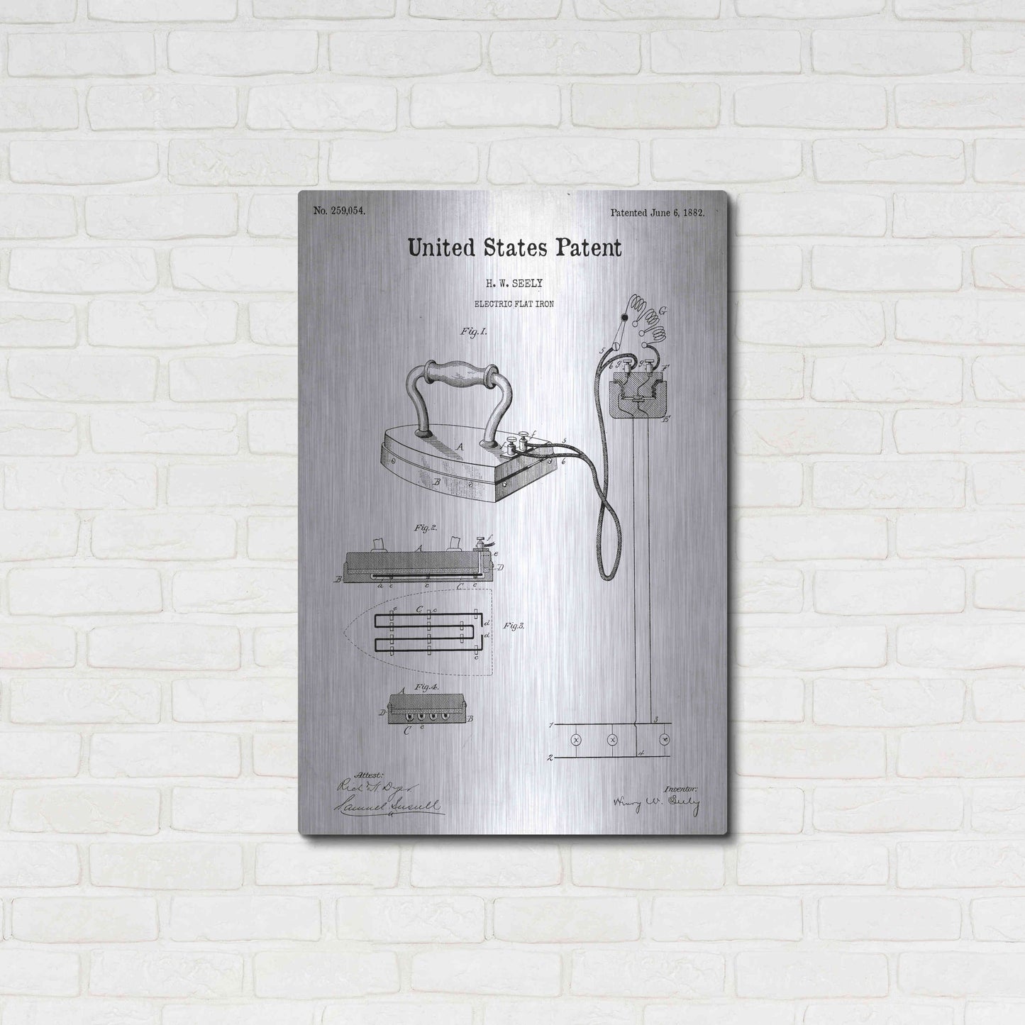 Luxe Metal Art 'Electric Flat Iron Blueprint Patent White' Metal Wall Art,24x36