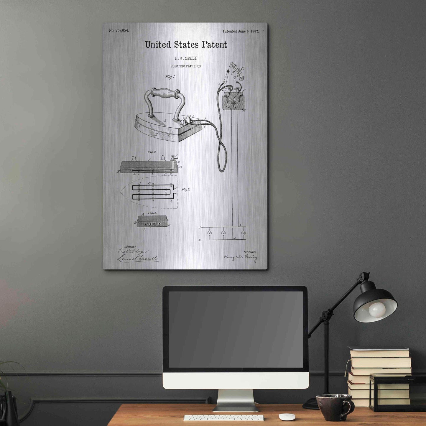 Luxe Metal Art 'Electric Flat Iron Blueprint Patent White' Metal Wall Art,24x36