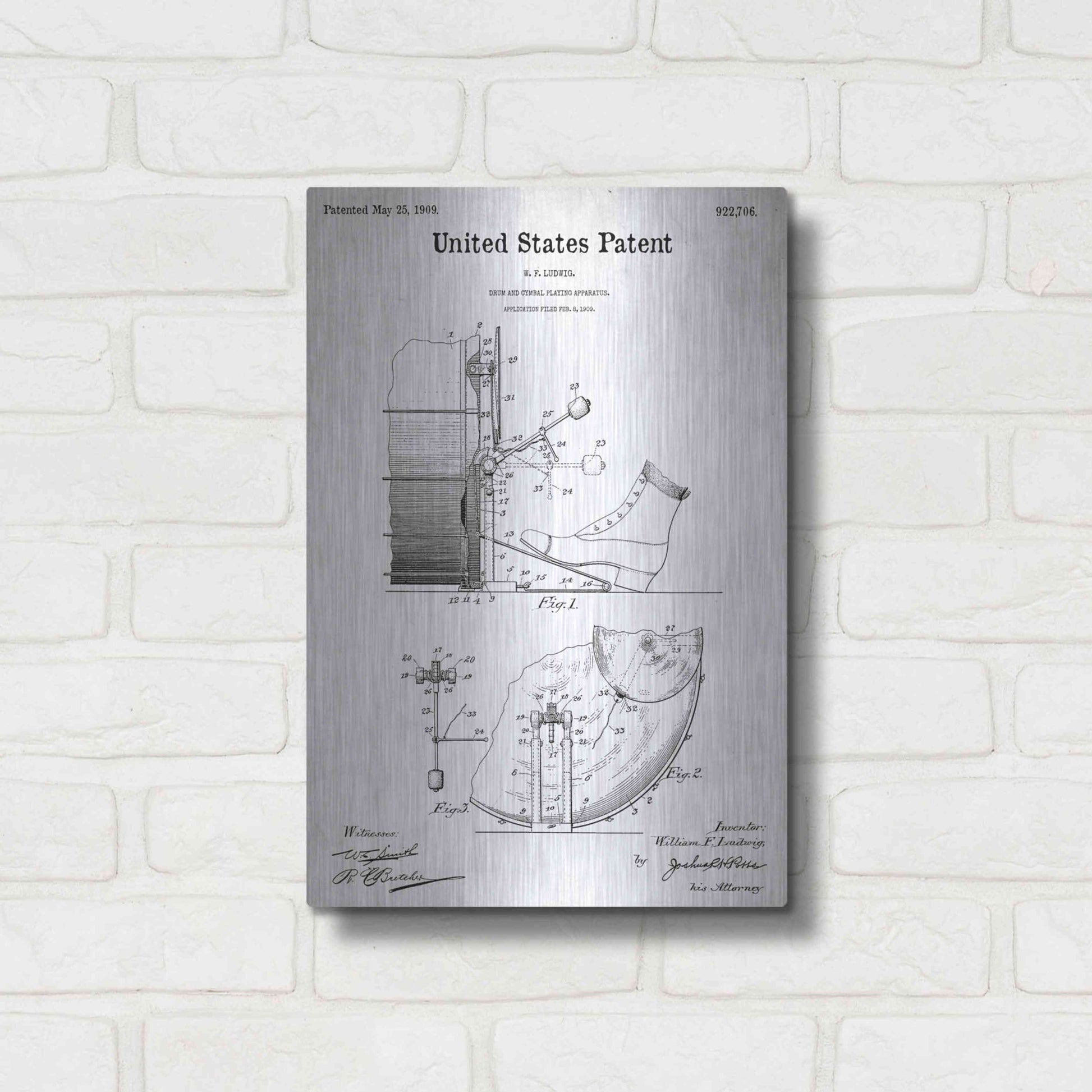 Luxe Metal Art 'Drum and Cymbal Blueprint Patent White' Metal Wall Art,12x16