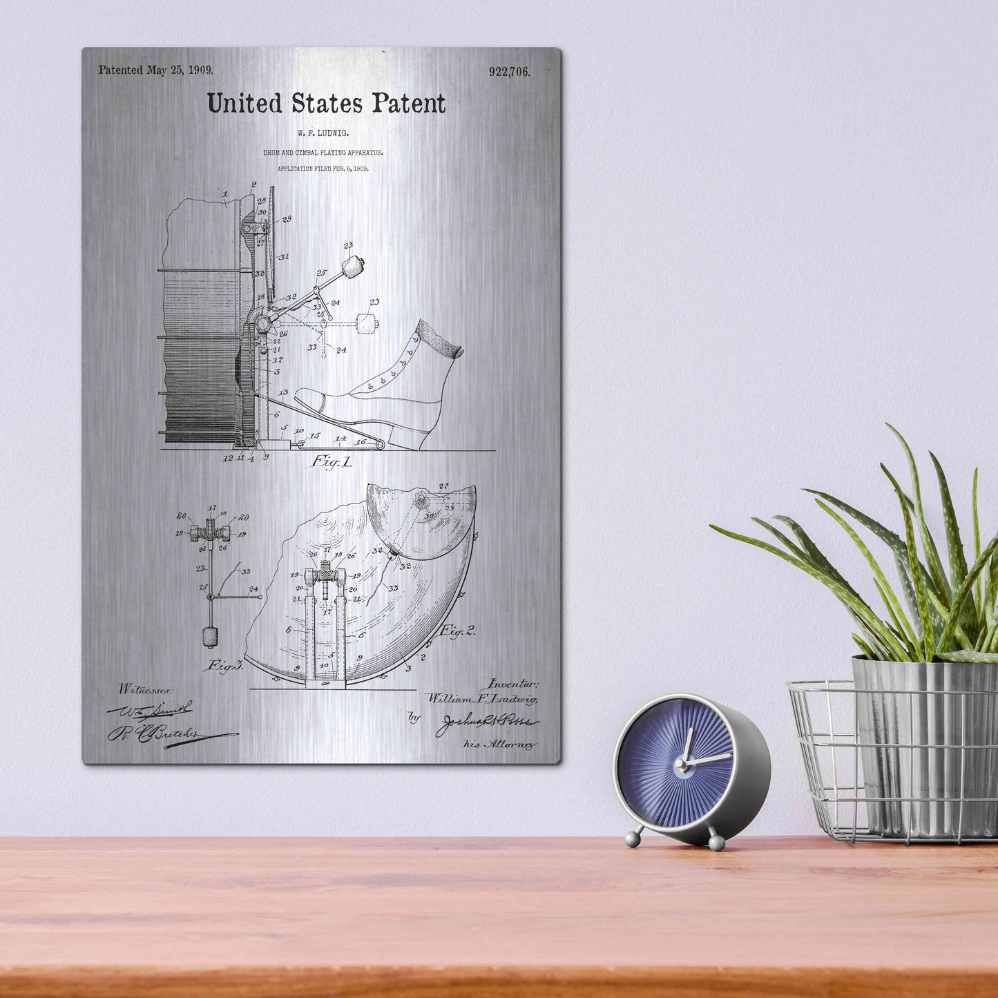 Luxe Metal Art 'Drum and Cymbal Blueprint Patent White' Metal Wall Art,12x16