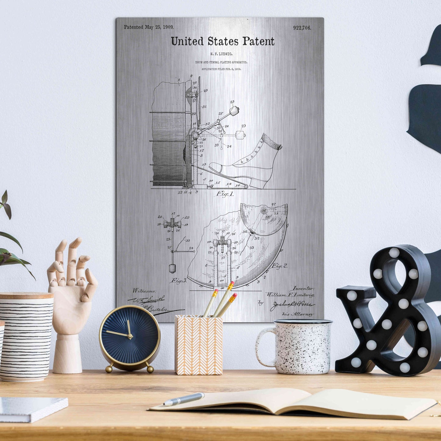 Luxe Metal Art 'Drum and Cymbal Blueprint Patent White' Metal Wall Art,12x16