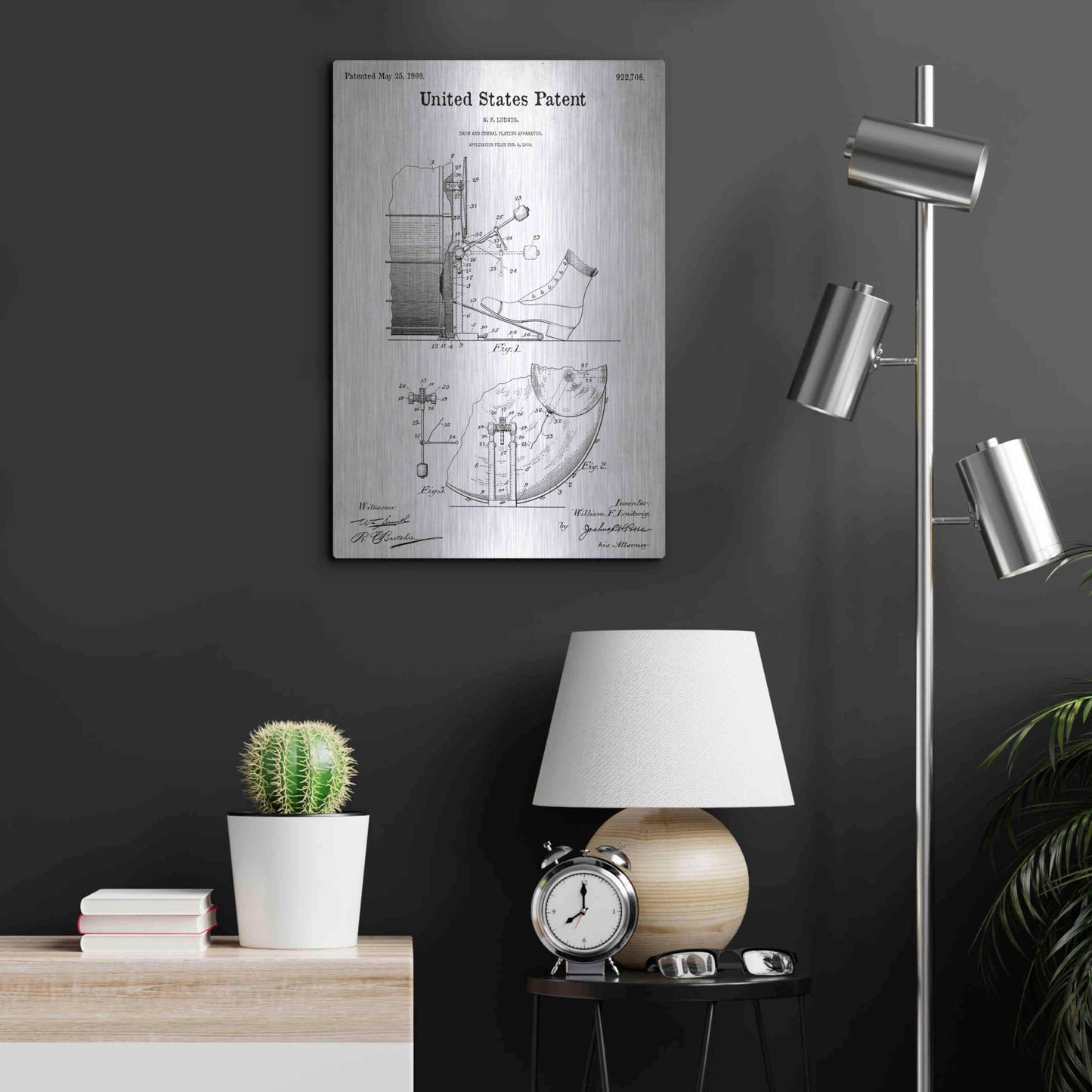 Luxe Metal Art 'Drum and Cymbal Blueprint Patent White' Metal Wall Art,16x24