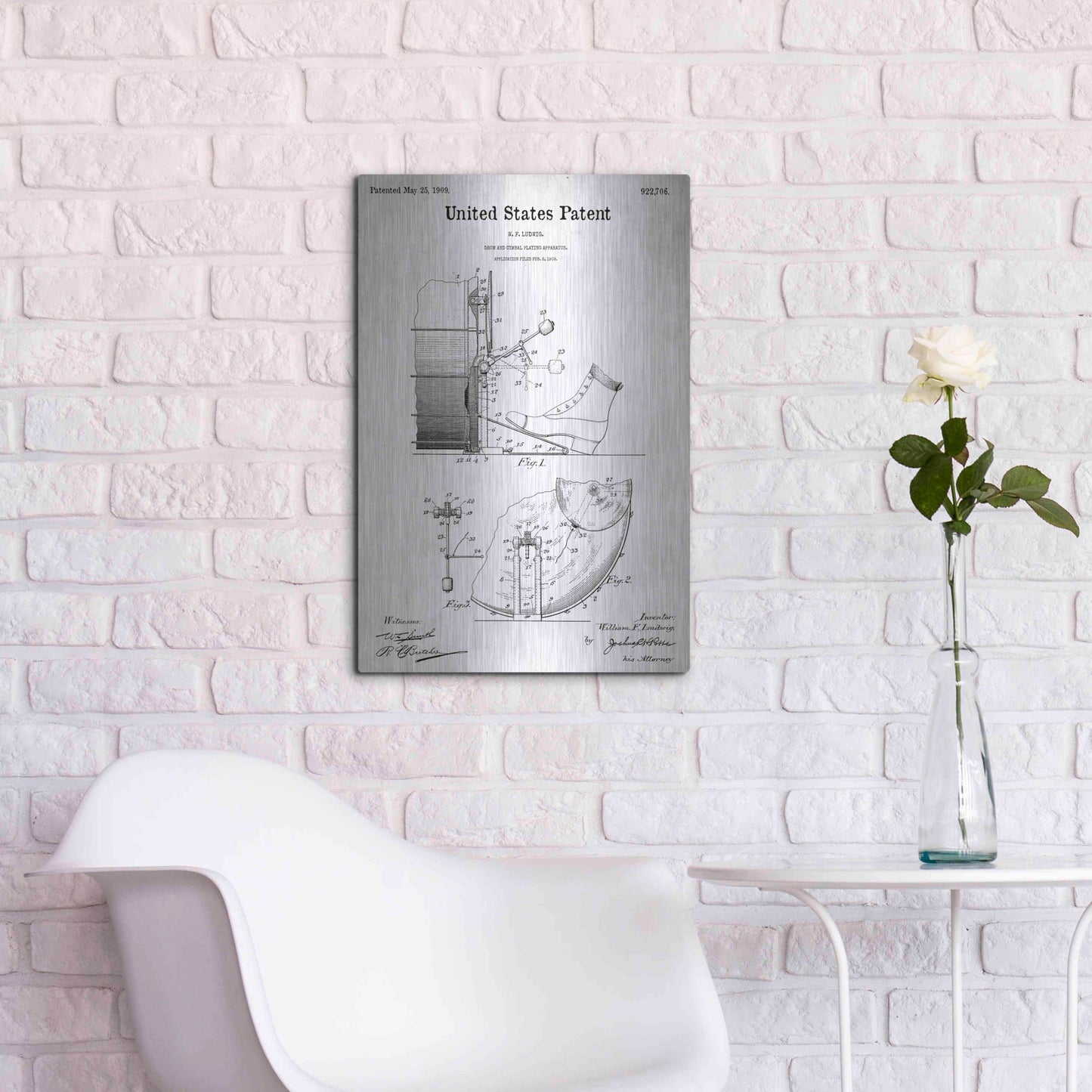 Luxe Metal Art 'Drum and Cymbal Blueprint Patent White' Metal Wall Art,16x24